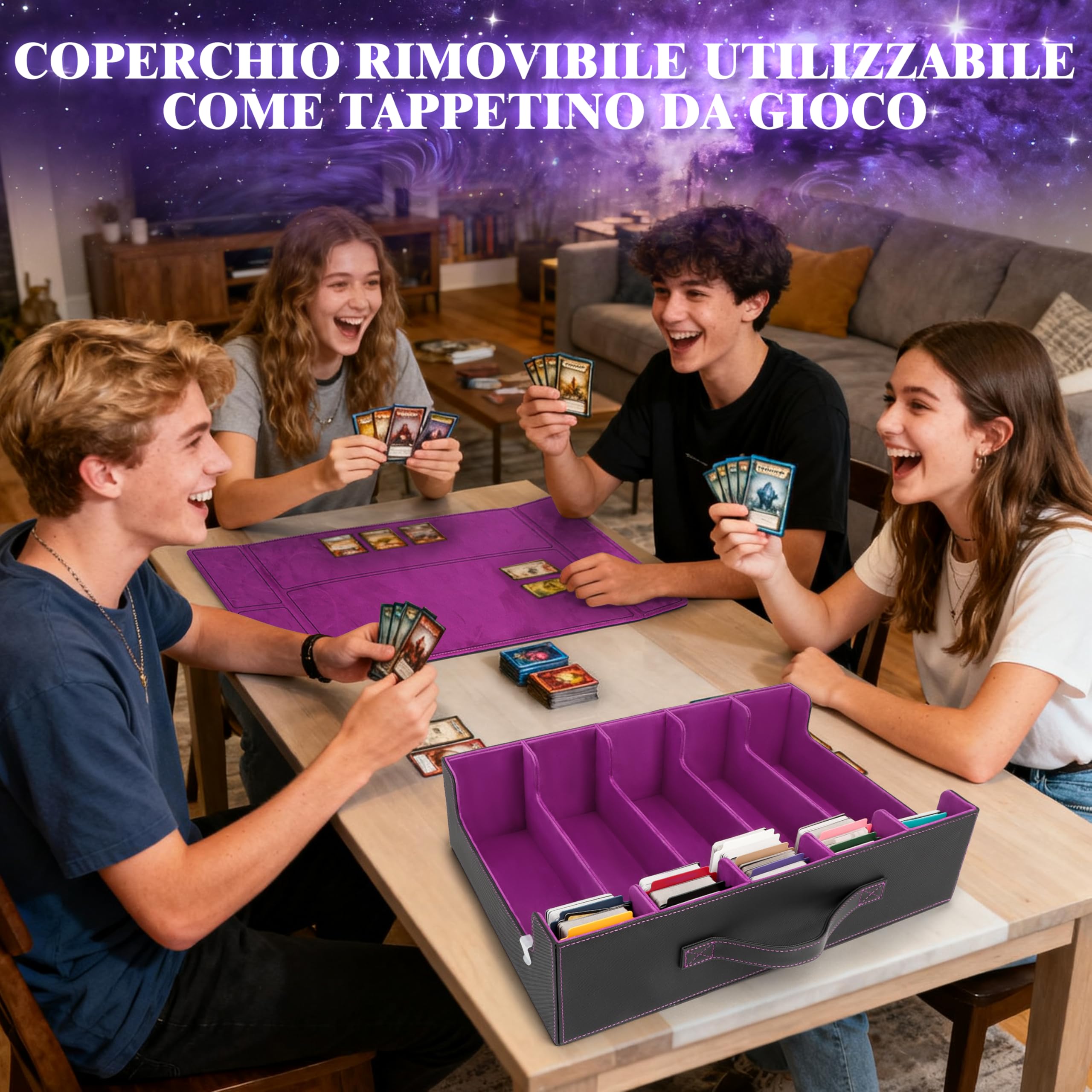 Charmofun Deck Box per Carte, Magnetic Scatola di Carte da Collezione per Oltre 2800+, Porta Deck con Pelle PU e Chiusura Magnetica, 10 Divisori per Carte, 4 Clip Divisorie (Viola, 3000+)