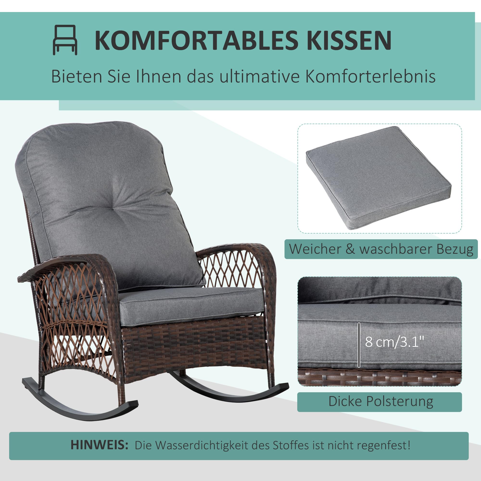 Outsunny Poly Rattan Schaukelstuhl Schaukelsessel Gartenstuhl mit Kissen Loungemöbel Gartenmöbel Terrassenmöbel Braun 75 x 98 x 91 cm