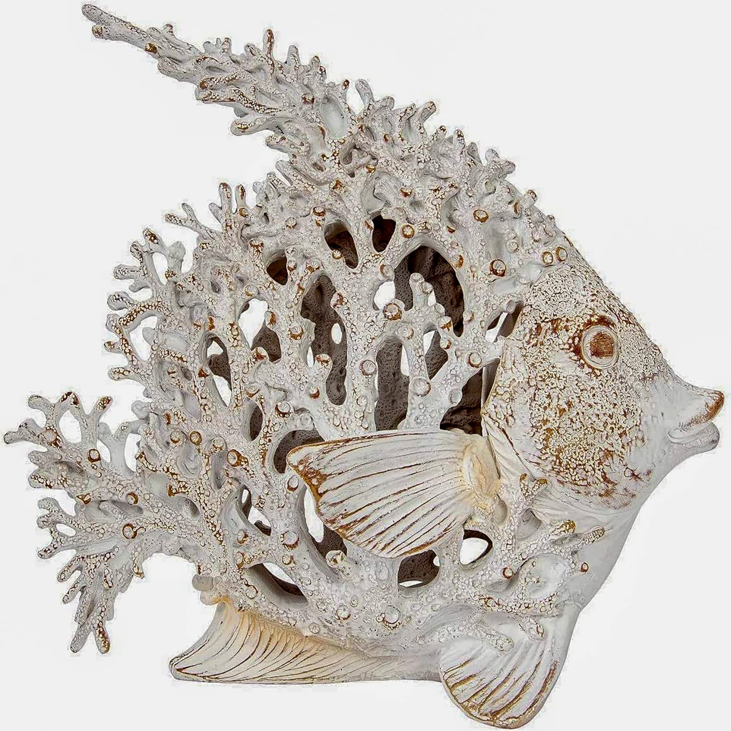 Ocean Decor White Coral Reef Angelfish Sculpture Beach Home Decor Coastal Coral Look Tabletop Collection 11 in x 10 in (Ivory White)