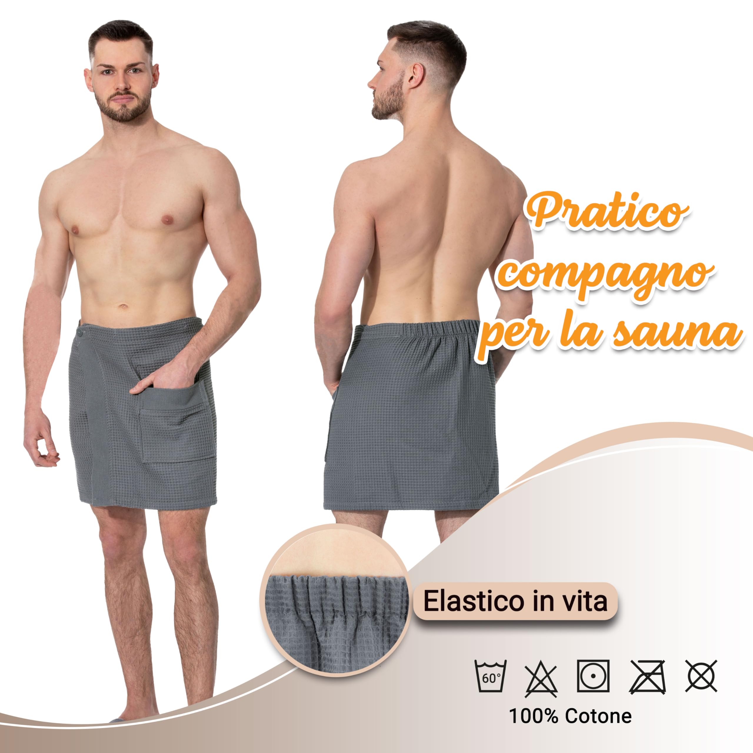 ZOLLNER Kilt grigio da sauna da uomo - Asciugamano sauna in piquè - Cotone - Con elastico e chiusura con bottoni - Tasca con cerniera - lavabile a 60°C - Certificato OEKO TEX