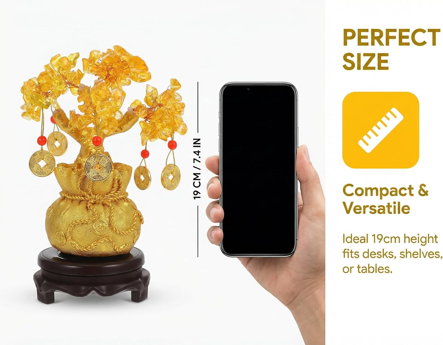 Feng Shui Citrine Money Tree Decorative Crystal Bonsai for Home and Office, Lucky Wealth Tree with Base Gold Coin and Amulet, Small Desktop Fortune Ornament Requires Self-Assembly 19CM - Image 3