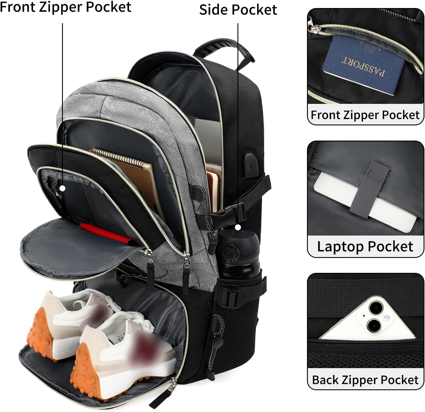 GAEKEAO Travel Backpack for Women Men with USB Charging Port Carry On Backpack Fits 17 Inch Laptop Personal Item Bag for College work Hiking Black with Grey