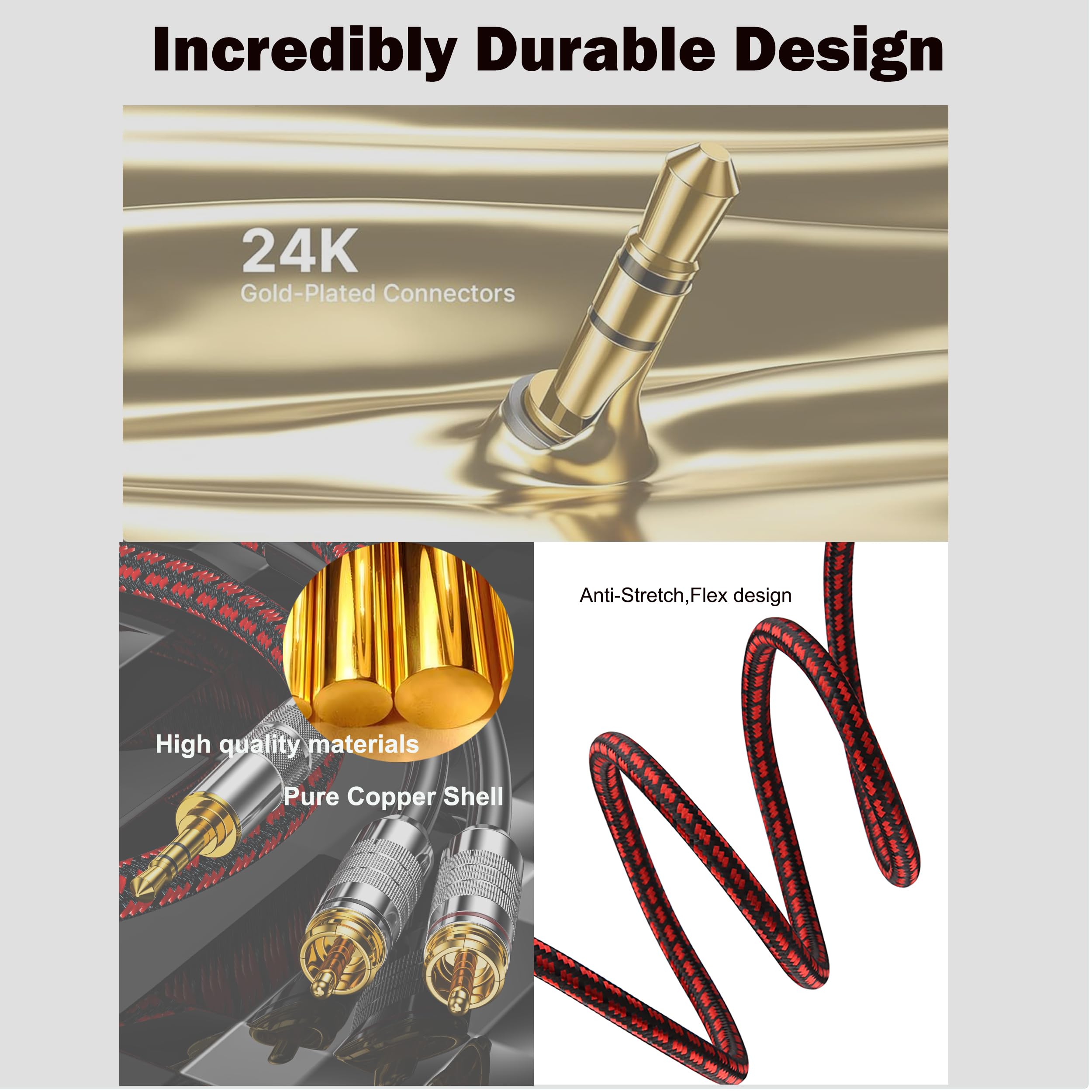 Cinch-auf-3,5-mm-Kabel, Aux-auf-Cinch-Kopfhörer-Stecker auf Stecker, Audiophil, geflochten, 1/8 auf RCA-Audio, Y-Kabel für Smartphones, Tablets, Lautsprecher, MP3, HDTV (gerade 3,5 mm auf 2