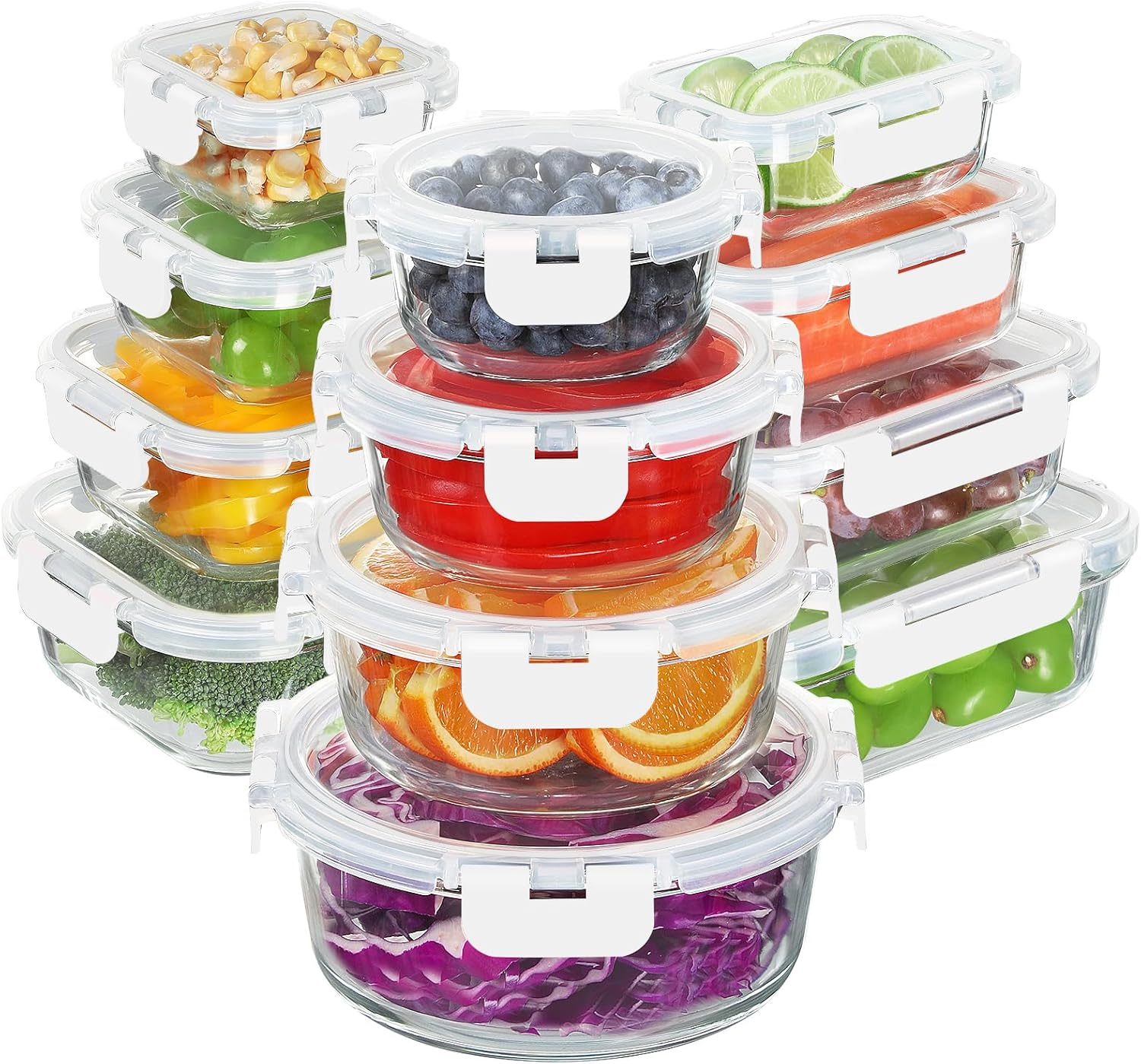 BAYZZ 24 Piece Glass Food Storage Containers with Lids, Airtight Glass Meal Prep Containers for Kitchen, BPA-Free Lunch Box, Microwave and Freezer Safe,Green