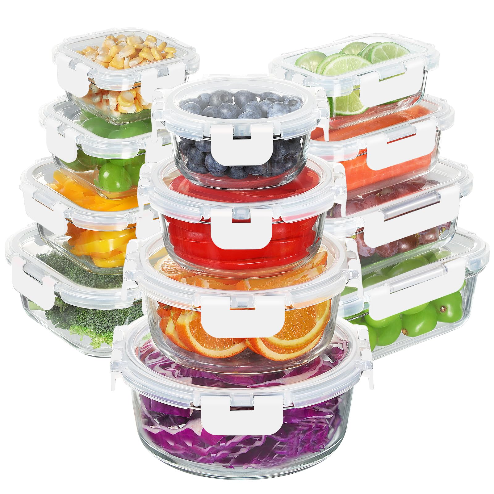 BAYZZ 24 Piece Glass Food Storage Containers with Lids, Airtight Glass Meal Prep Containers for Kitchen, BPA-Free Lunch Box, Microwave and Freezer Safe,White
