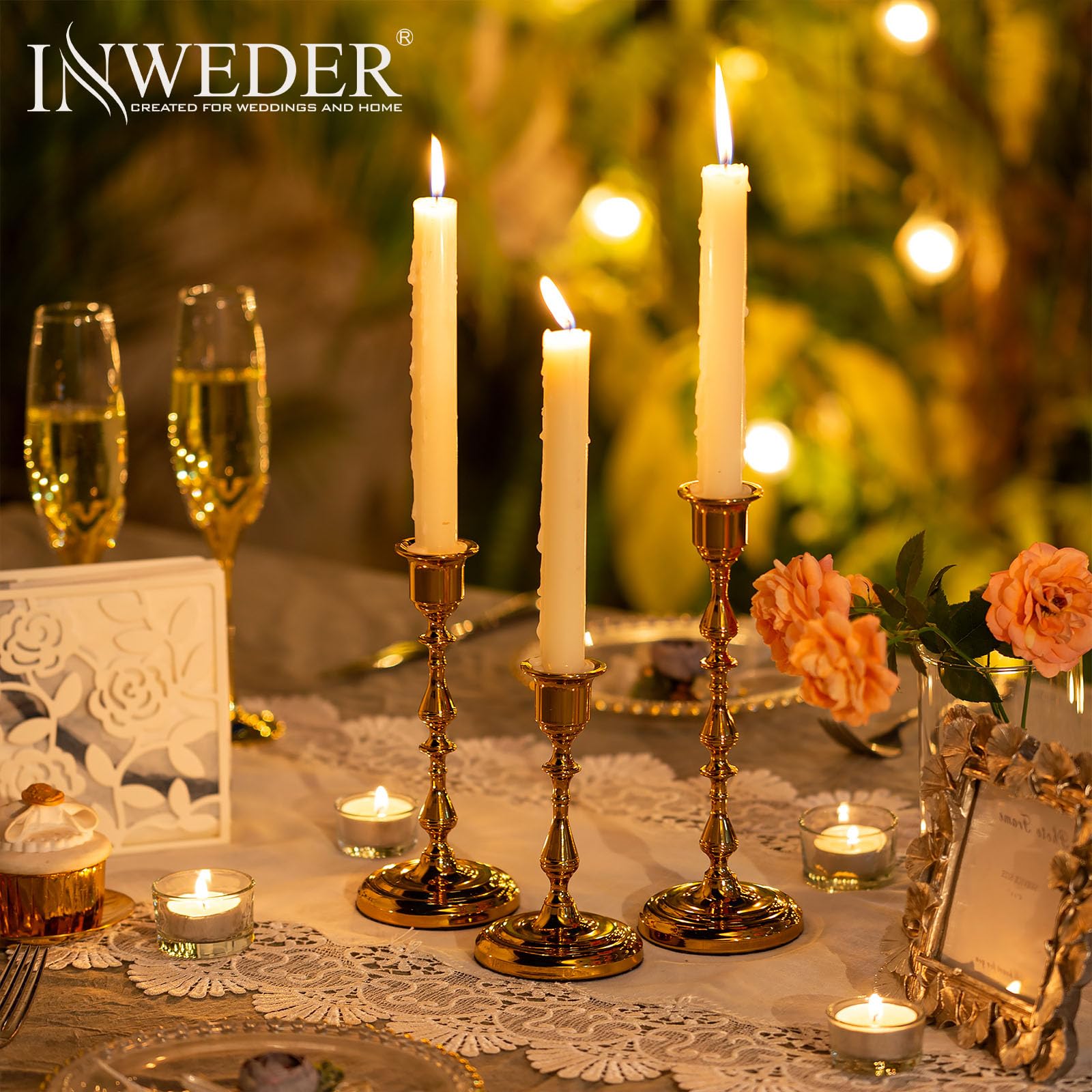 Set 3 Portacandele In Metallo Oro Per Candele Coniche: Porta Candelieri Eleganti Per Matrimoni, Natale, Camino E Decorazione Tavola - 2