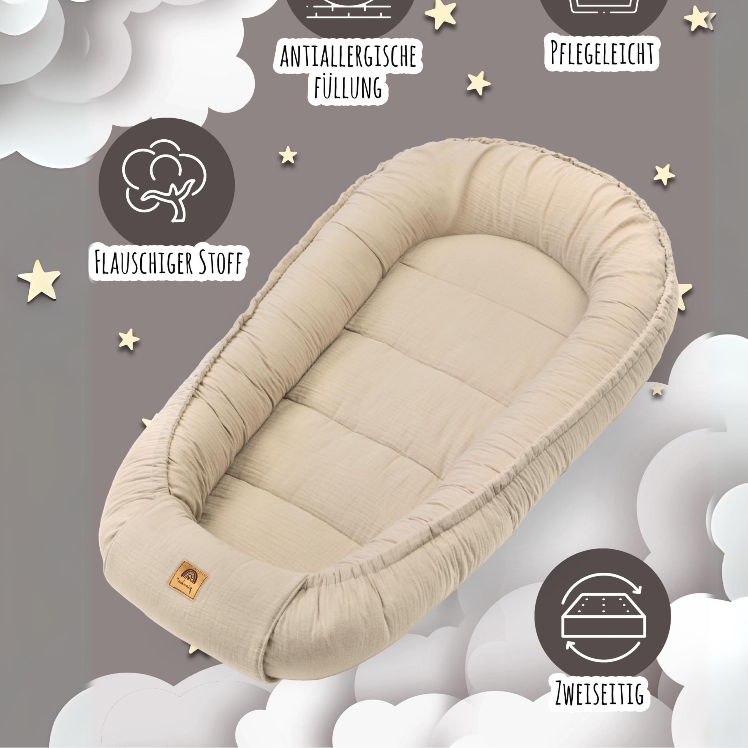 PIMKO Babynest Babynestchen für Baby Kuschelnest Babykokon für Säuglinge und Neugeborene Nestchen 60 x 90 cm 100% Baumwolle Musselin - Beige Latte