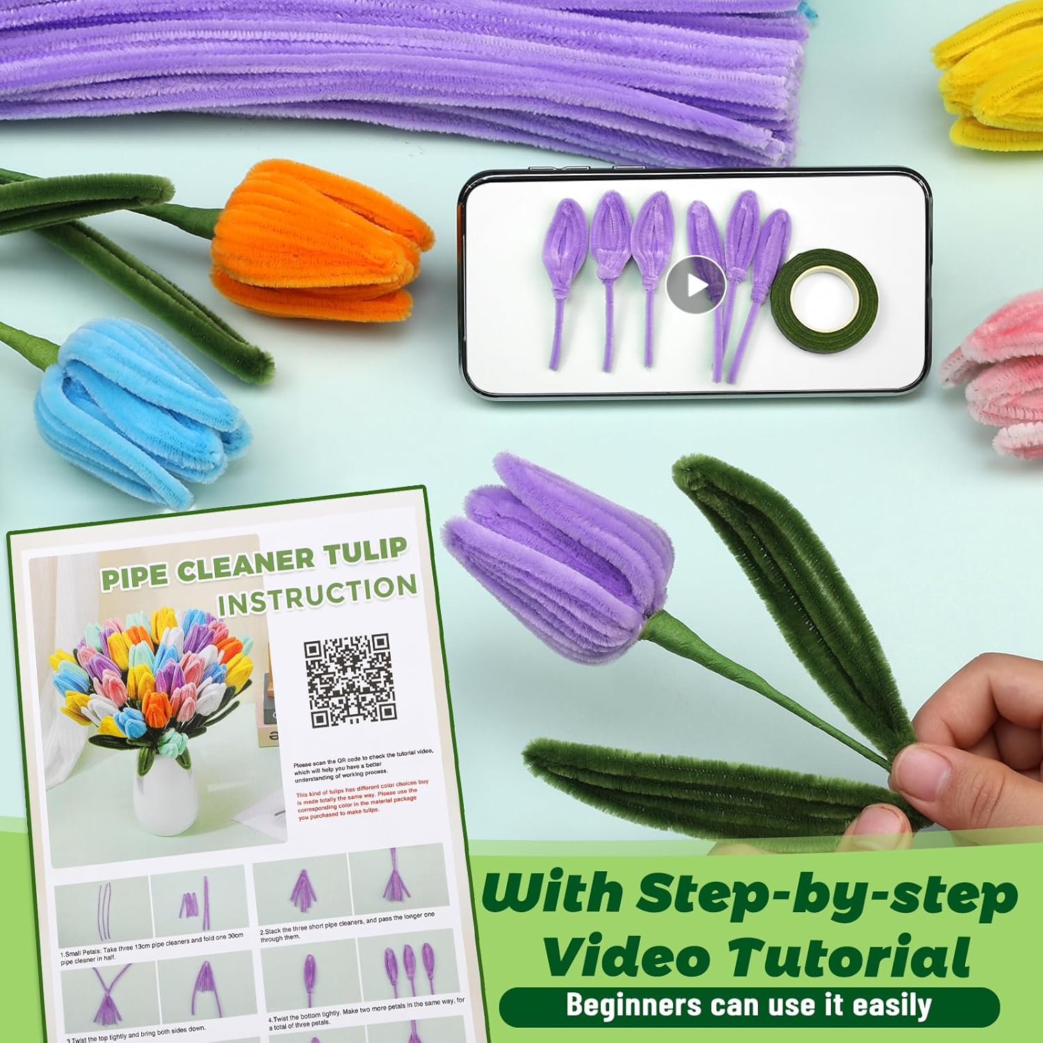 ZXIIXZ 550 Pcs Pipe Cleaners Craft, 8 Colors Pipe Cleaners Bulk Flower Kit, Chenille Stems Fuzzy Sticks Craft Supplies for Flower Making, Festival Home Art Decor