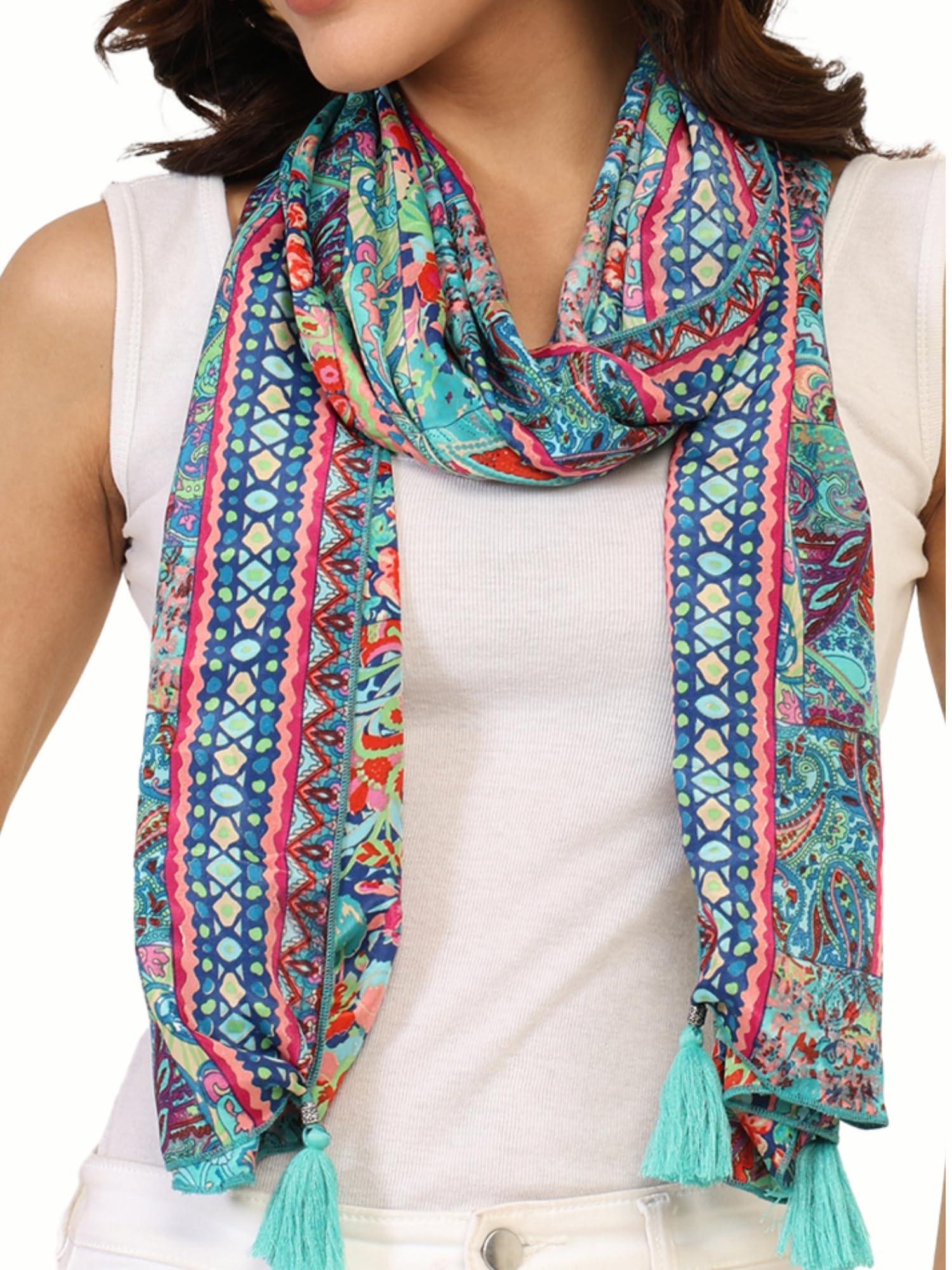 - KE KANHA EXPORT Women Scarf|Stole For Women|Scarf For Women Stylish|Stall For Women|Border Print Face Cover Head Wrap|Boho|Beach|Multicolor|180x50cm|Pack Of 1