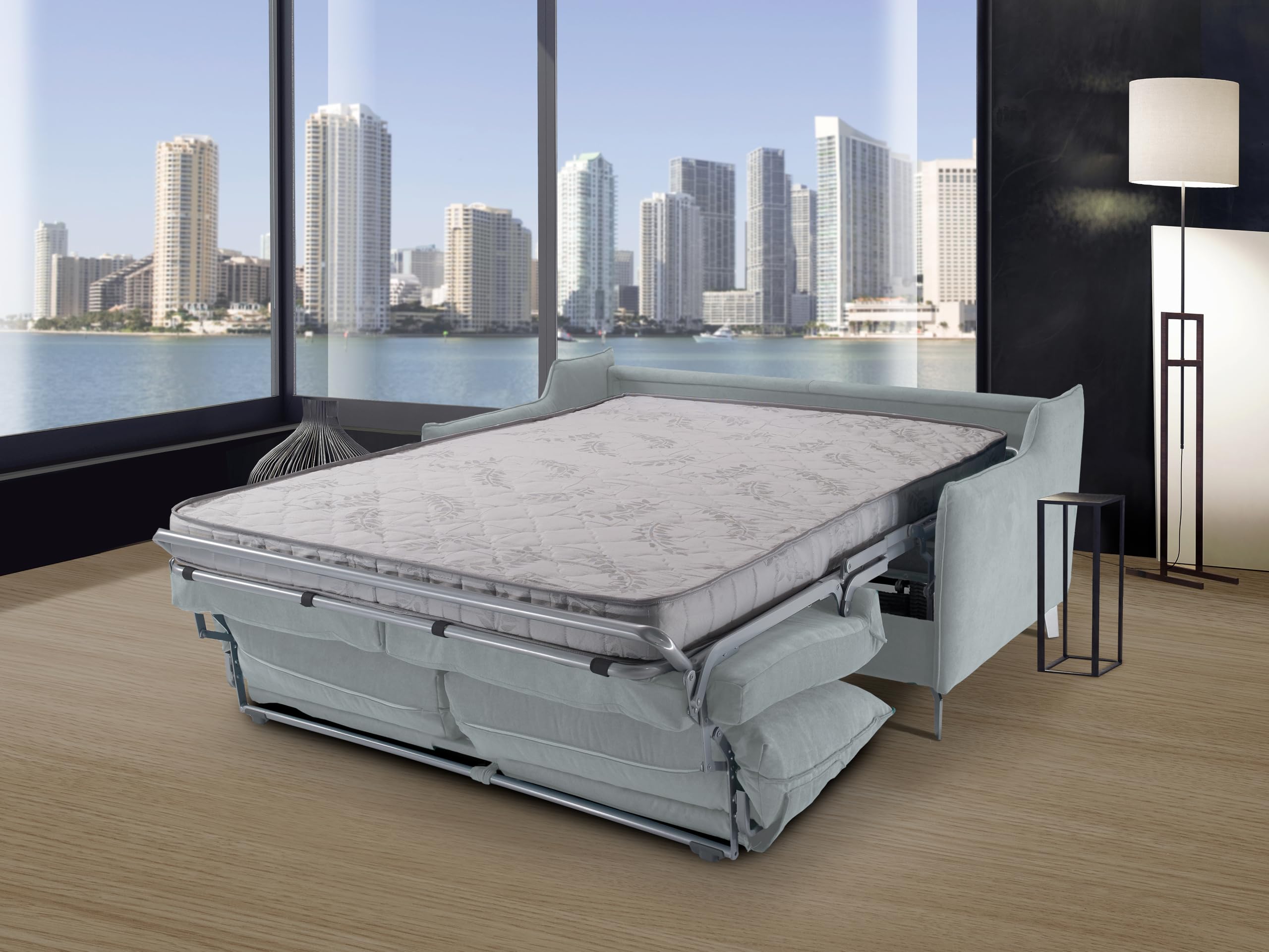 Canapé convertible 3 places SIRIO Structure en métal et bois Rembourrage en caoutchouc polyuréthane Revêtement en tissu Maille à ouverture rapide Matelas 140x190x14 Coloris:Gris clair