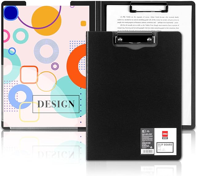 Deli Clipboard Folder, Foldover Clip Board with Pocket, Plastic A4 Foldable Clipboards for Nurses, Business, Office, School, Black