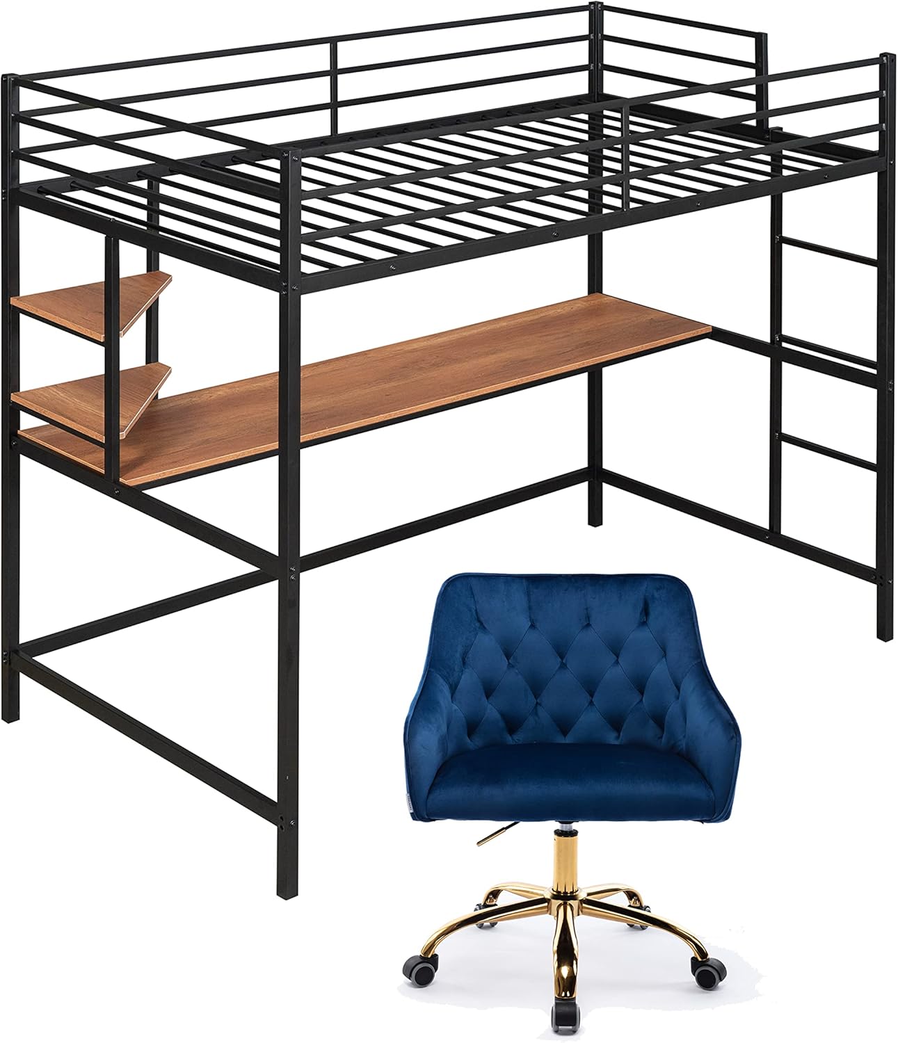 Heavy Duty Metal Loft Bed with Desk and Shelves, Twin Size