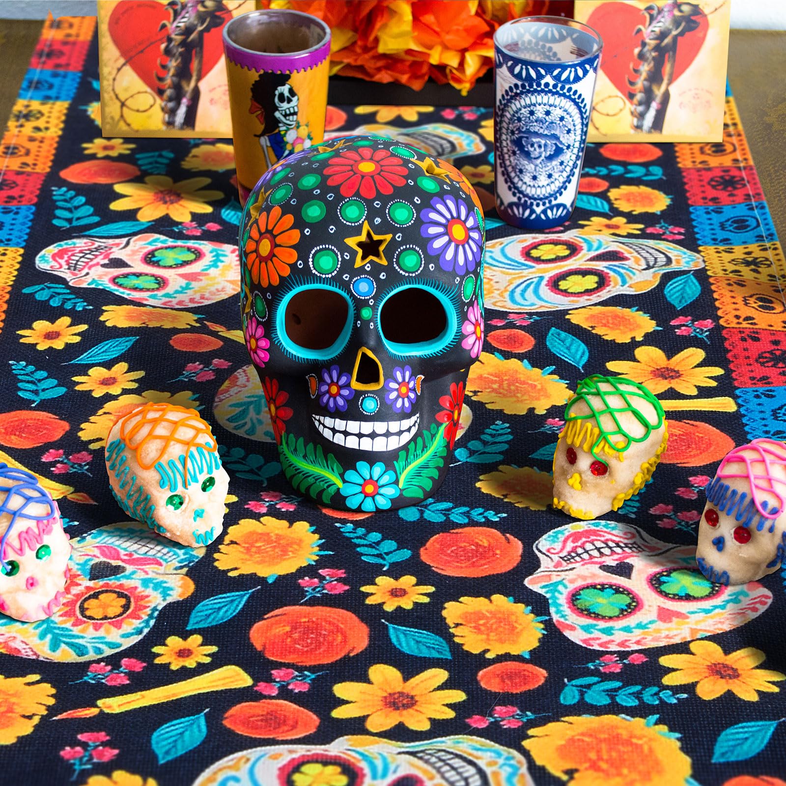 Chemin De Table Dia De Los Muertos - Lin Imprimé Crânes Sucrés, 180x35 Cm, Pour Fêtes Halloween Et Jour Des Morts