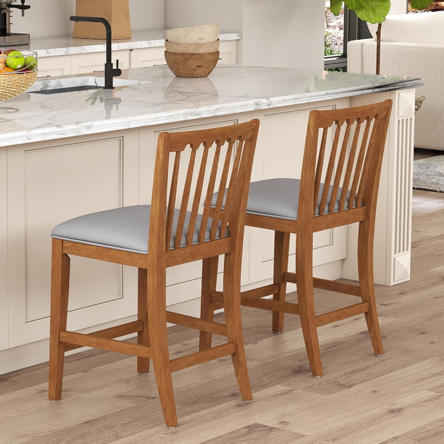 25" Bar Stools Set of 2 Farmhouse Bar Stool with Spindle Slat Back, Padded Seat, Rubber Wood Footrest Counter Height Bar Stools for Kitchen Island Pub Restaurant, Grey