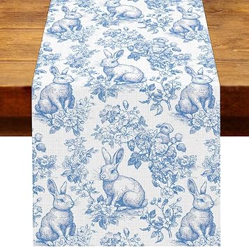 Chinoiserie Easter Table Runner Toile de Jouy Vintage Blue and White Bunny Spring Party Decoration Home Kitchen Dining Room Table Decor Blue, 13" x 90"