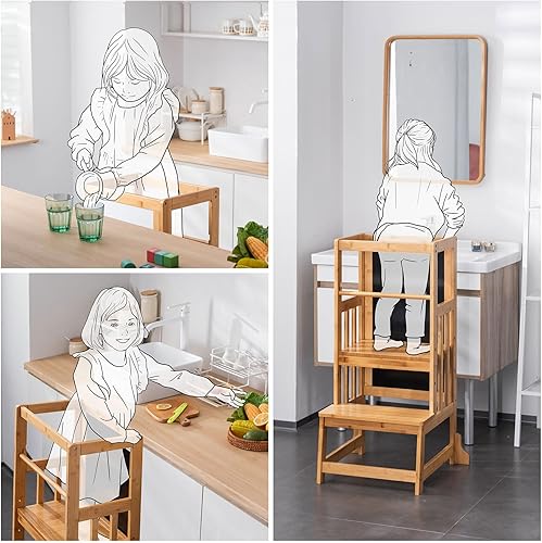 Miniatura 4 de UNICOO Taburete de bambú de altura ajustable para niños, torre de pie de cocina para niños, taburete de cocina estilo Montessori con tablero de arte