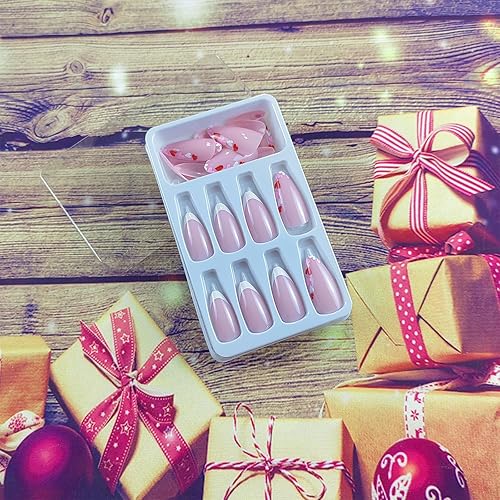 Miniatura 2 de Uñas postizas a presión con punta francesa, uñas postizas medianas con diseños de día de San Valentín, corazón rosa y rojo, cobertura completa, uñas