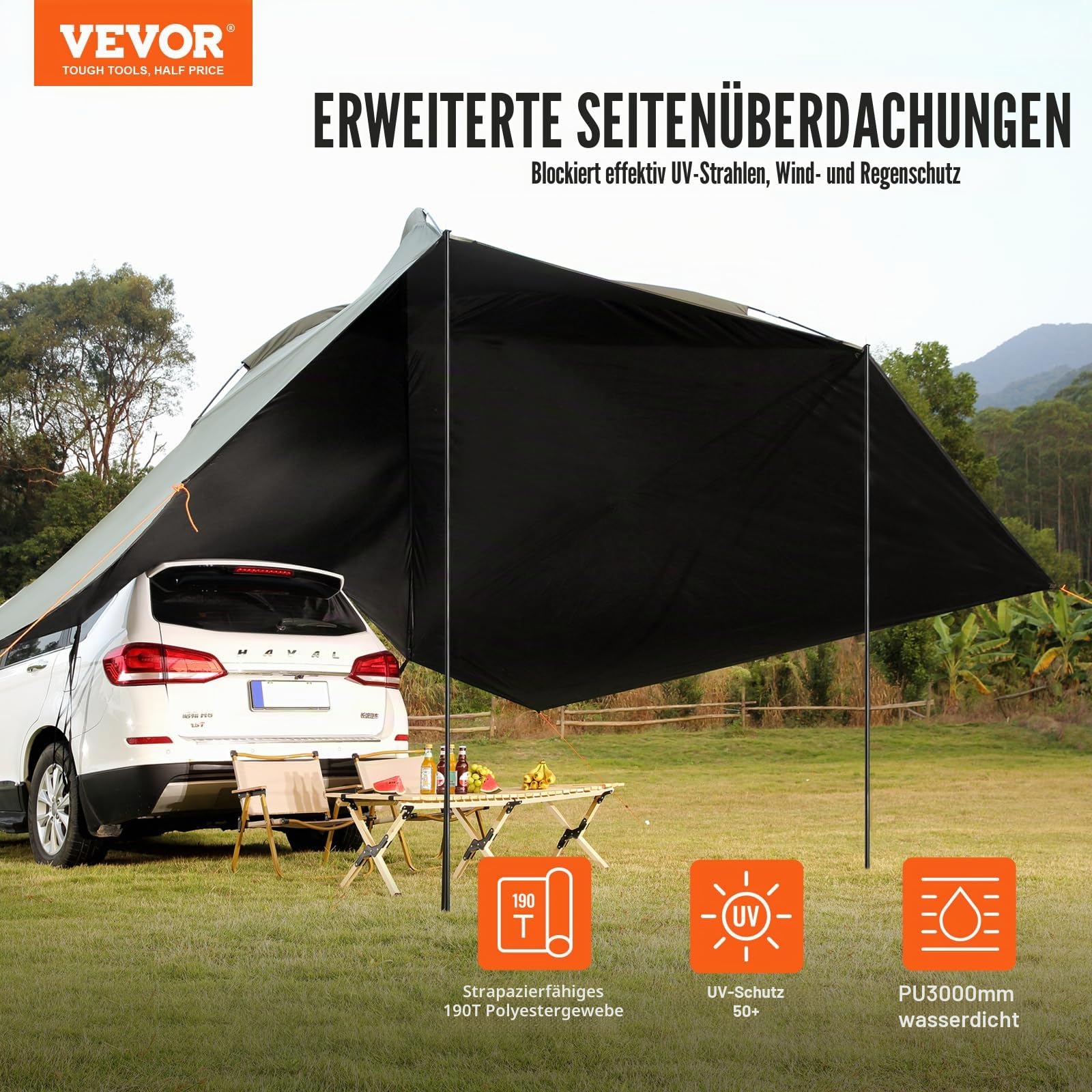 VEVOR Sonnensegel Wohnwagen 3x2,1m Sonnenvordach Wohnmobil UV50+ UV-Schutz Markise 190-T-Polyestergewebe Vorzelt PU2000mm Wasserdicht inkl. tragbarer Tasche Ideal für Camping Familientreffen Ausflüge