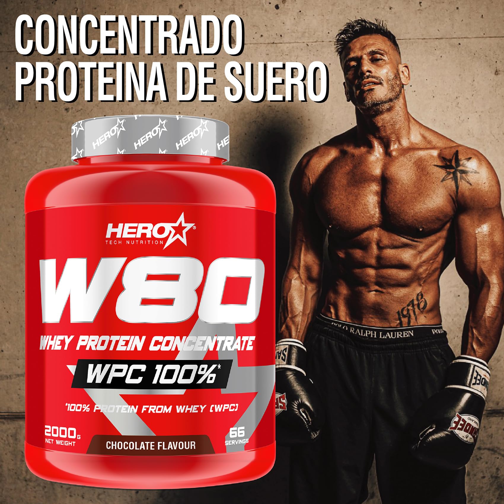 HERO TECH | W80 WHEY PROTEIN | Concentrado Proteína de Suero | Mejores entrenamientos | Aumenta la Recuperación y Crecimiento Muscular (2 kg, Chocolate)