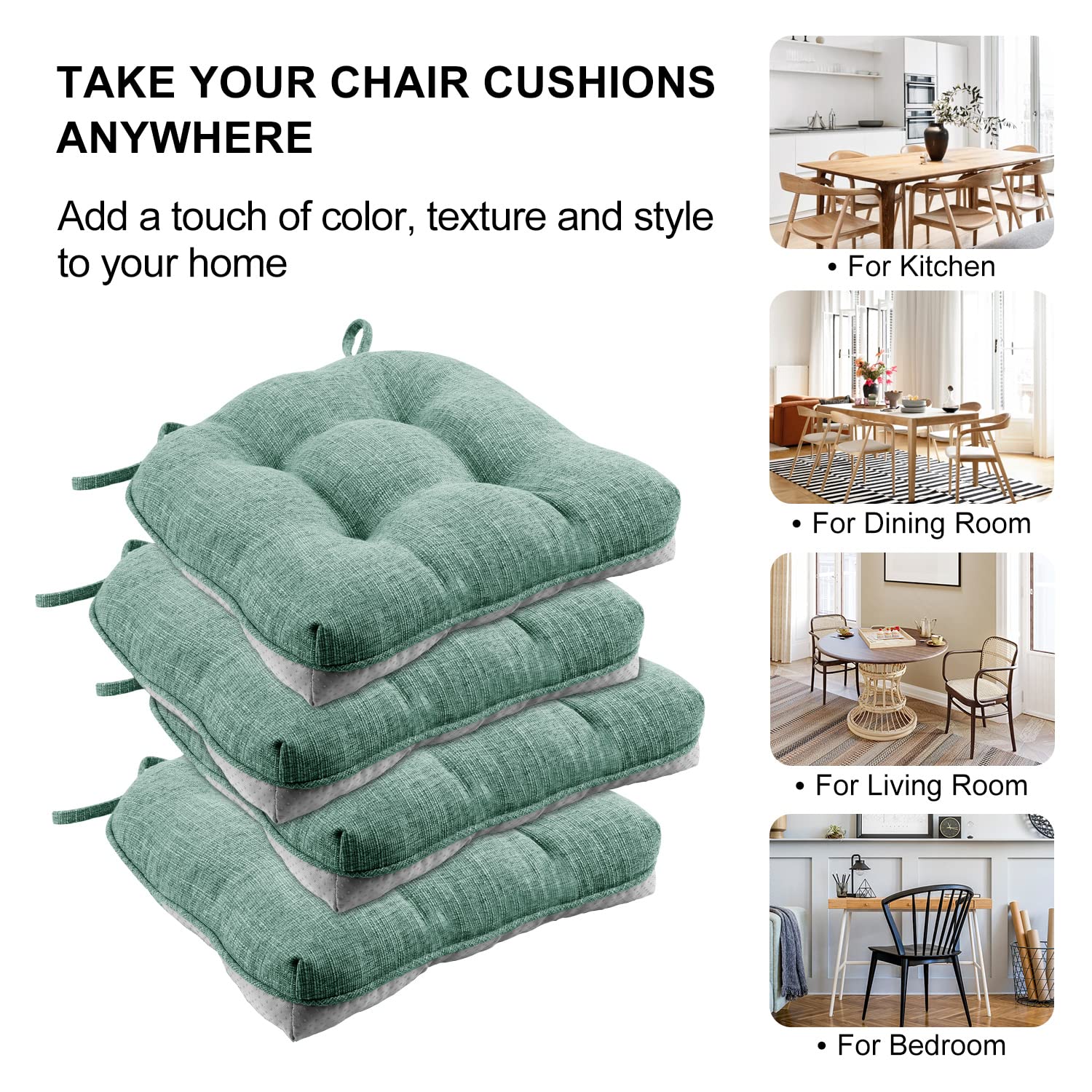 Wellsin Indoor Chair Cushions for Dining Chairs 4 Pack, 15.5" X 15.5" Kitchen Chair Cushions with Ties and Non-Slip Backing, Tufted Shredded Memory Foam Kitchen Chair Pads (Green)