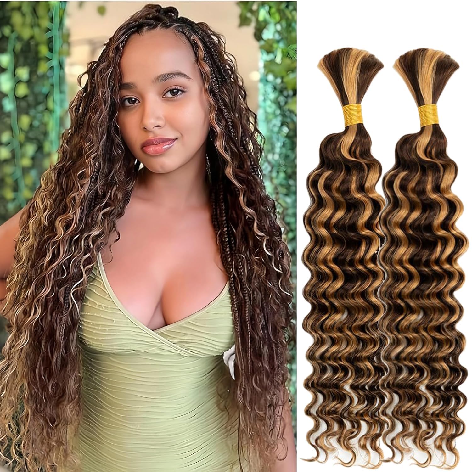 Ombre Braiding Hair 100g 20 Inch Deep Water Wave 2 Bundle Bulk Human Hair for Braiding 10A Brazilian Virgin Highlight Curly Hair Extensions for Boho Braids Wet and Wavy Honey Blonde Braiding Hair