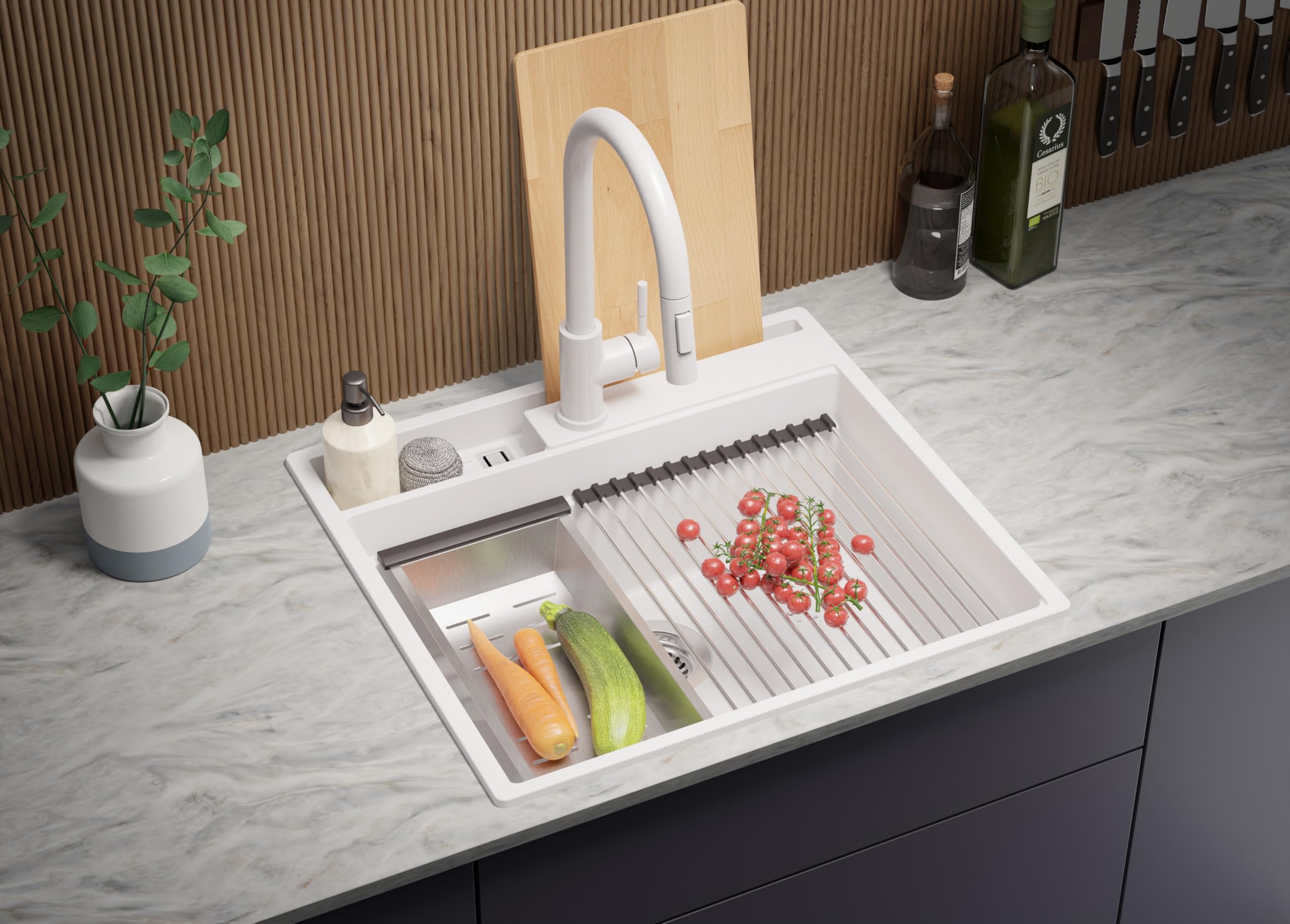 PRIMAGRAN Evier Cuisine en Granit au Meuble 60cm + Kit de Vidage, 58x53cm
