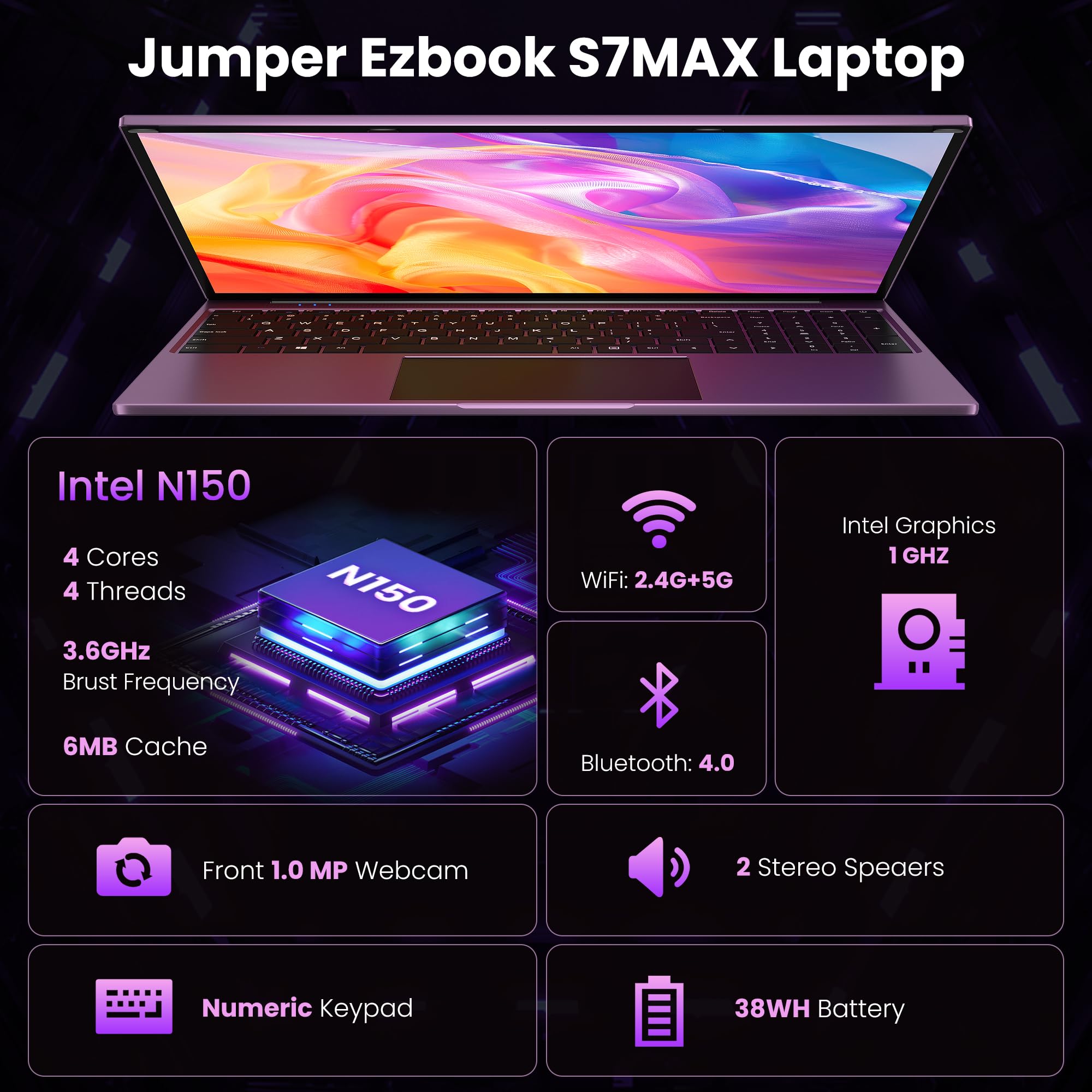 jumper 16 Zoll Laptop 16GB RAM 1152GB SSD für Unternehmen und Studenten | IPS 1920x1200 Display, TF Erweitern 512GB, N150(3,6 GHz), 2 Stereo-Lautsprecher, USB 3.0/Mini HDMI/38Wh Akku (Lila)