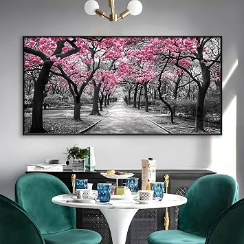 Cherry Blossom Canvas Wall Art, Blossoms in Central Park Canvas Wall Art, Cherry Blossom Tree Painting, Sakura Painting Canvas, Pink and Grey Wall Decor, Living Room Wall Decor Black Metal Frame, 23"x12" | 60x30cm
