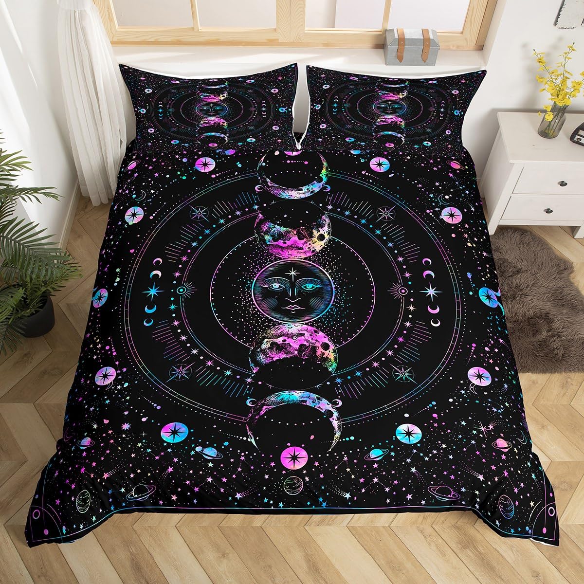 Sun and Moon Duvet Cover Set Single Size, Stars Space Psychedelic Comforter Cover with 1 Pillowcase