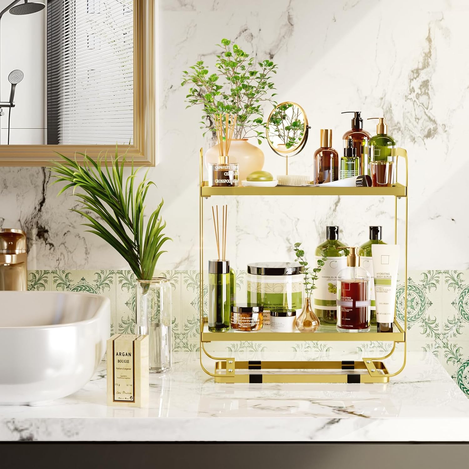 REFGY Gold Perfume Organizer 2 Tier Bathroom Counter Organizer, Fragrance Stand Display for Vanity, Metal Countertop Storage Shelf for Makeup, Skincare, Bathroom & Kitchen, 11.02" x 5.90"