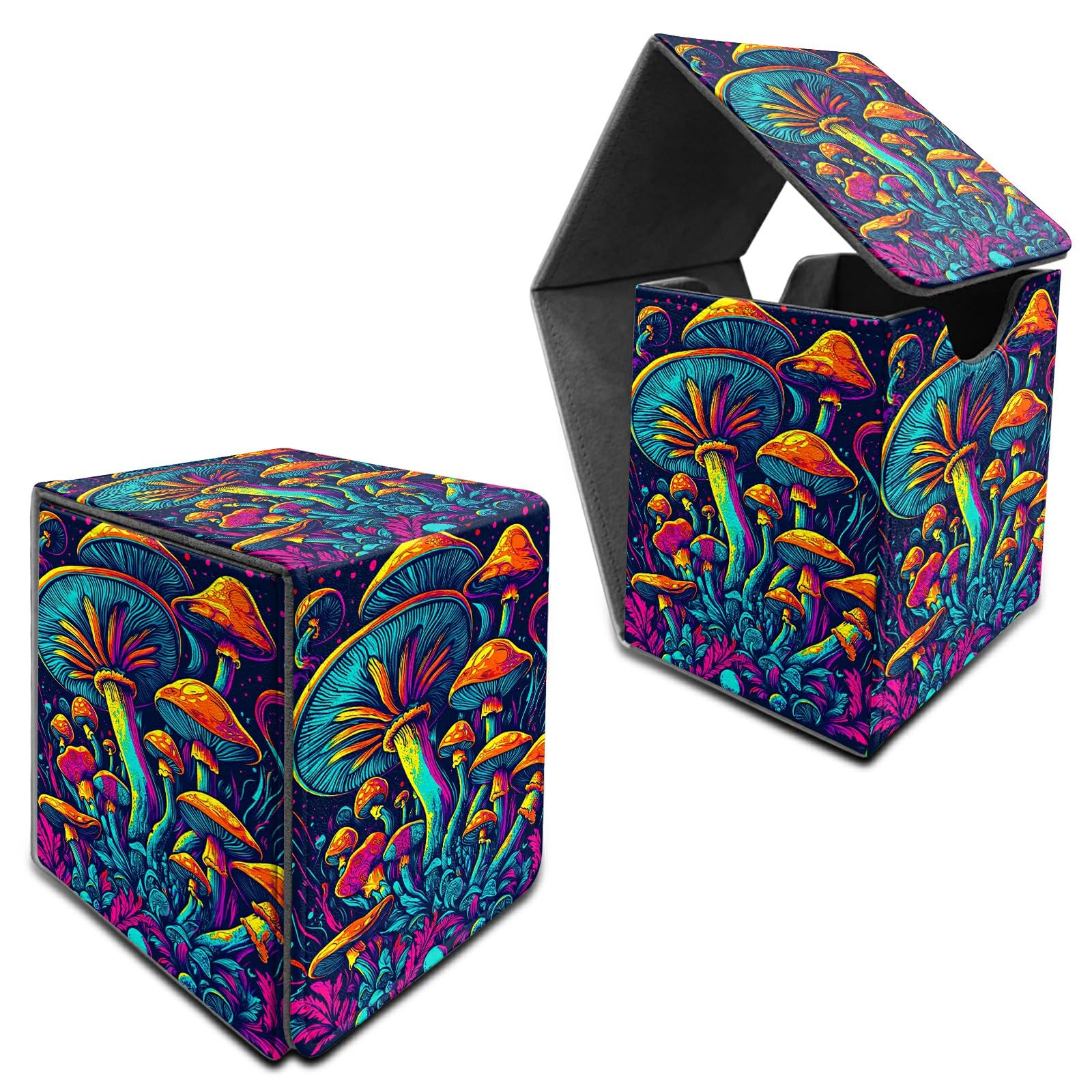 RWUTYTIUL Deck Box for MTG, Cards Storage Box Fits 120+ Sleeved, Leather Medium Size Strong Magnetic Closing Card Case for Board Games Magic TCG CCG Baseball Collection, Art Mushroom Forest
