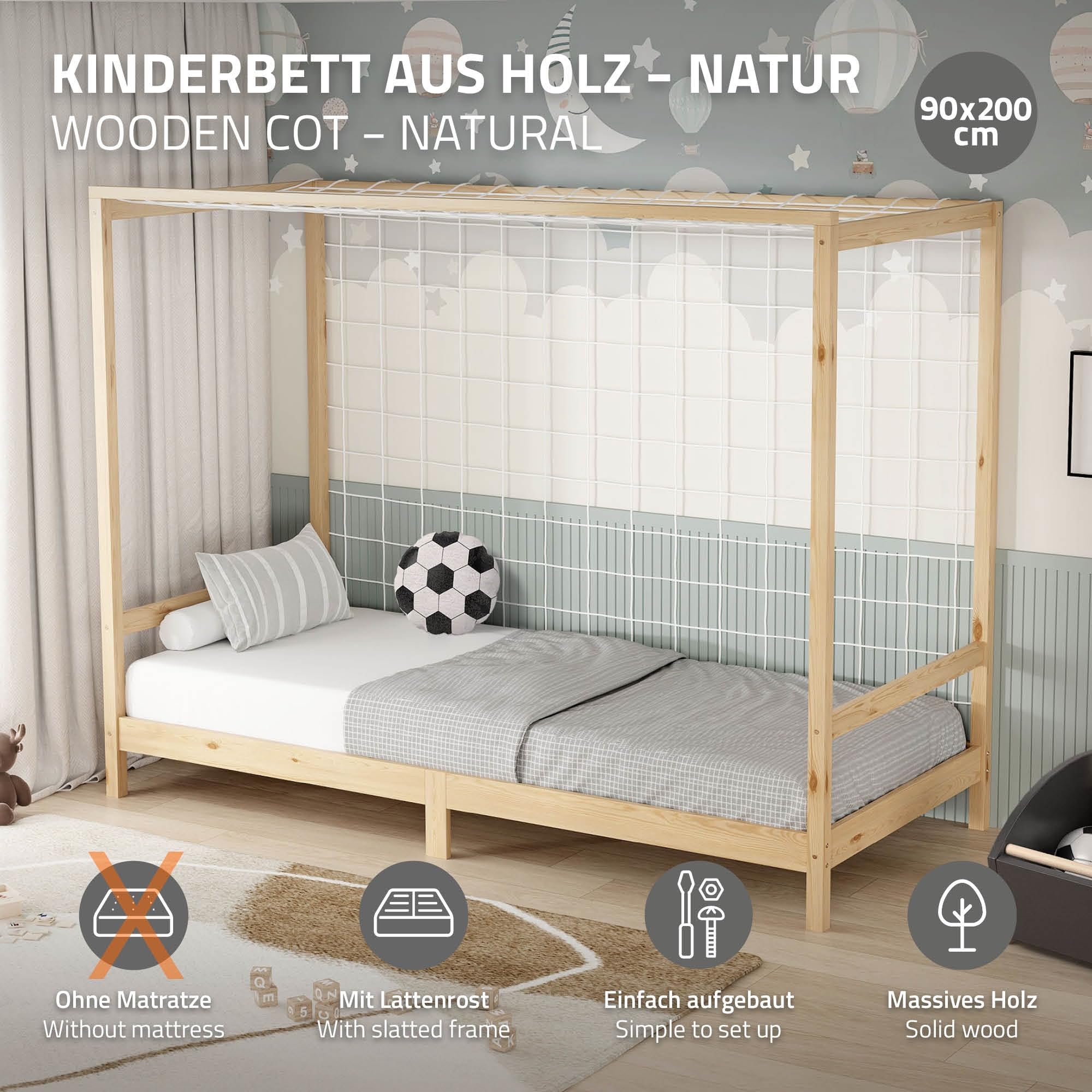 ML-Design Kinderbett Fußballtor 90 x 200 cm, Natur, Einzelbett für Kinder, Holzbett mit Lattenrost und Tornetz, Jugendbett aus Kiefernholz, Bettgestell Holzrahmen Spielbett Fußballbett-Tor Handballtor