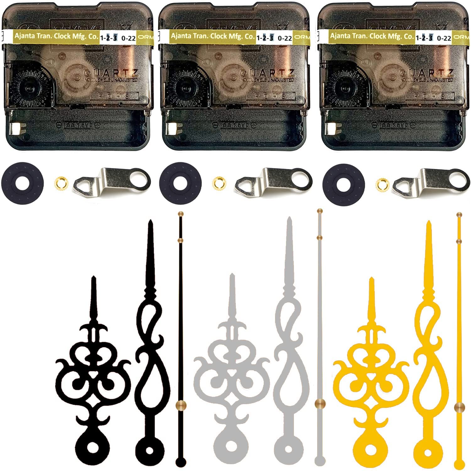 Analog Combo Of 3 Ajanta Mfg. Battery Operated Plastic Ticking Wall Clock Movement Machine With Hands (Needles : Antique Gold,Black,Silver)