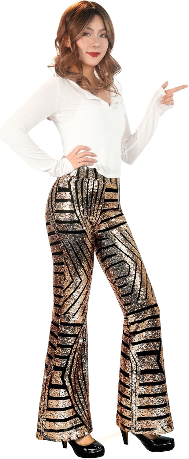 Nawgut Sequin Flare Pants Sparkly Glitter High Waisted Bell Bottom Trousers Disco Party Clubwear for Women - Image 4