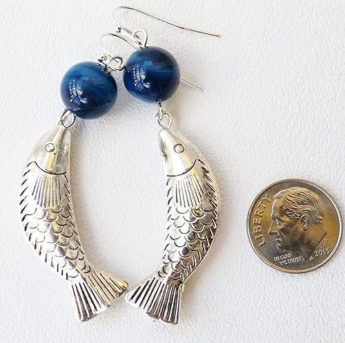 Miniatura 7 de 5 Silver Fish Pendants Nautical Gemstone Blue Agate Necklace Earrings One of a Kind