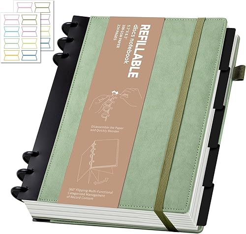 Yoment Cuadernos de cuero para el trabajo, recargables, 224 páginas, 3.53 ozm de grosor, 5 temas, con separadores extraíbles, pestañas de tapa dura,