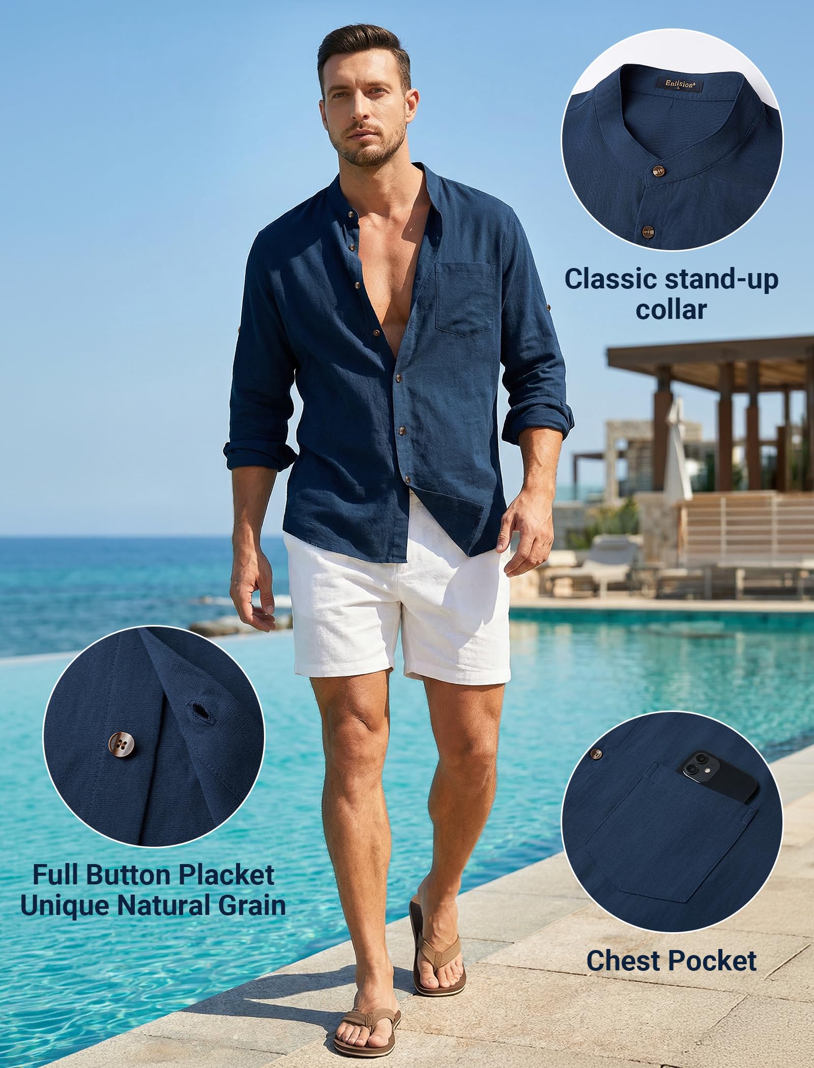 Enlision Camicia Lino Uomo Manica Lunga Estiva Camicia da Uomo Collo Coreana con Bottoni Maglia da Spiaggia Casual Henley Shirts S-2XL