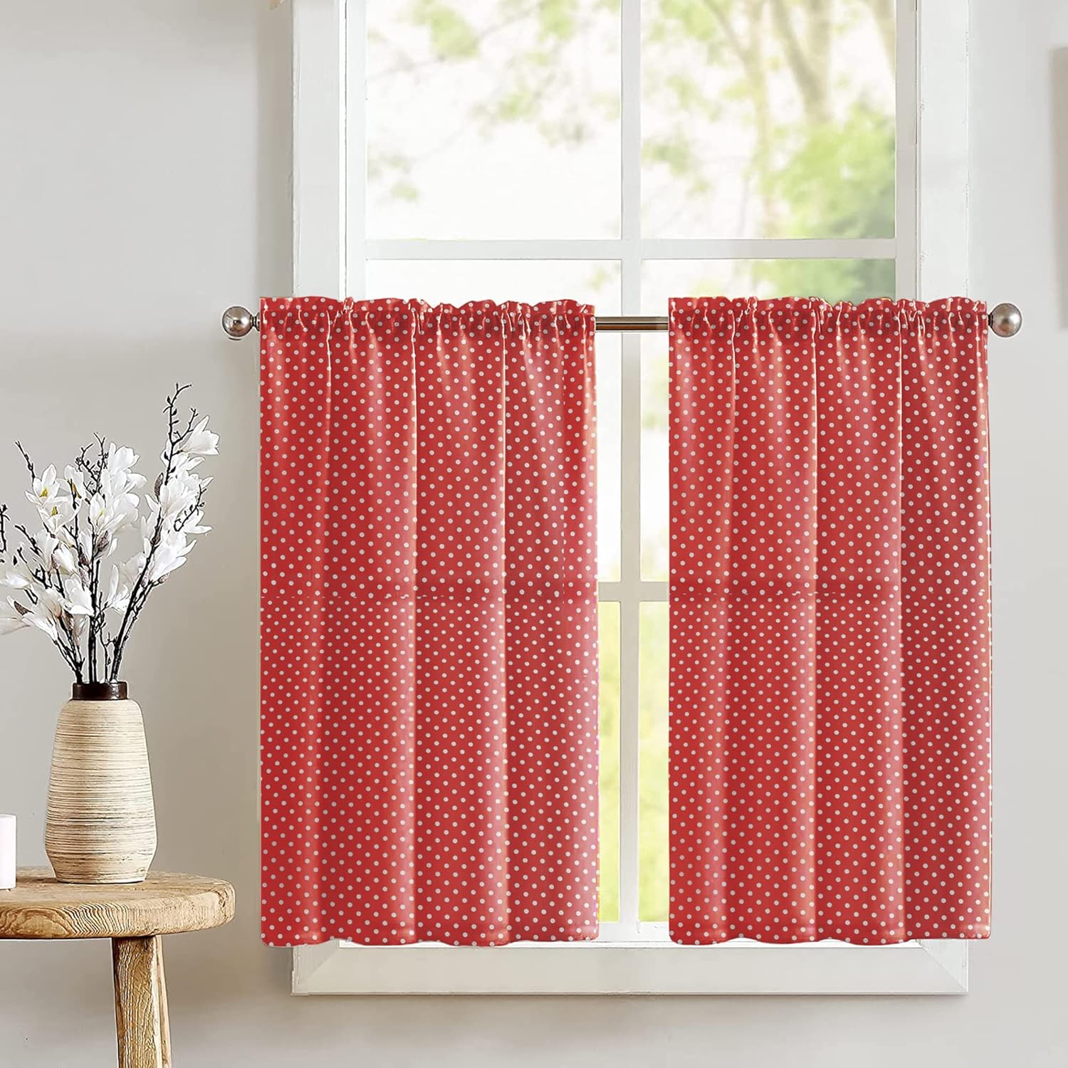 Zen Creative Designs Mini Polka Dots Print Tier Window Valance 2 Piece Set Home Décor Bedroom Nursery Kitchen Window (White on Red)
