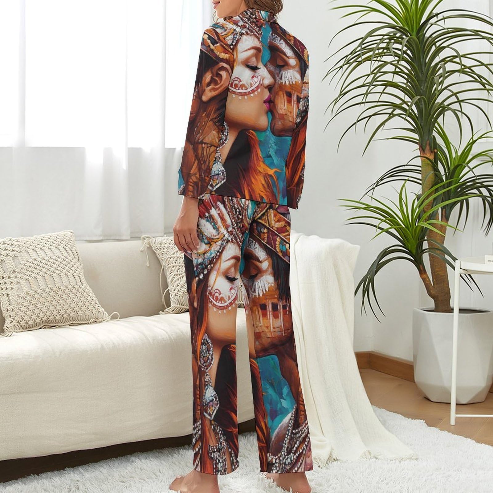Conjunto de pijama casual para parejas indias para mujer, pijama de manga larga con botones, ropa de dormir