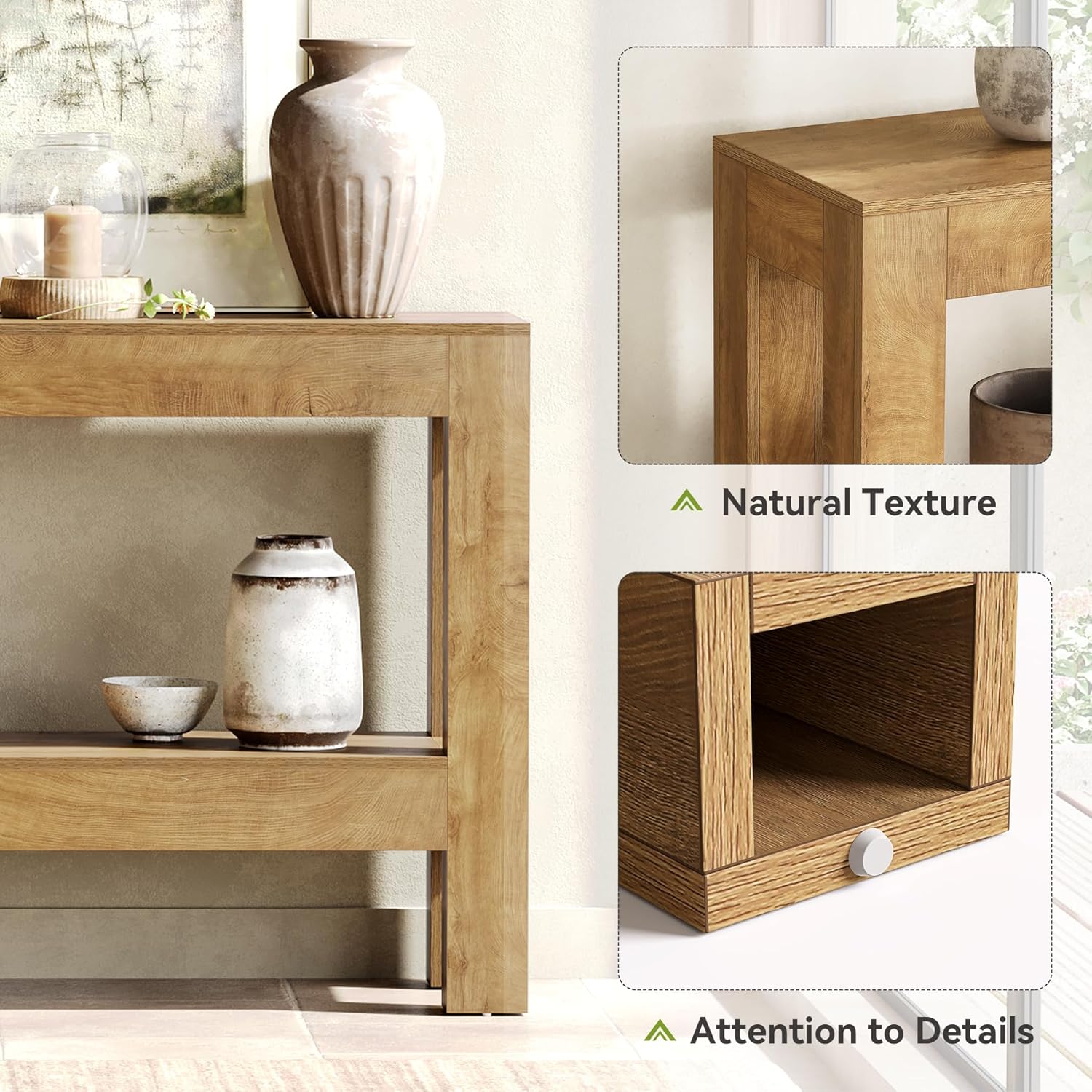 LITTLE TREE 63-Inch Long Console Table for Living Room, Farmhouse Wood Entryway Table for Sofa, Entry, Hallway, Entrance, Foyer, Behind Couch with 2-Tier Narrow Shelf, Oak