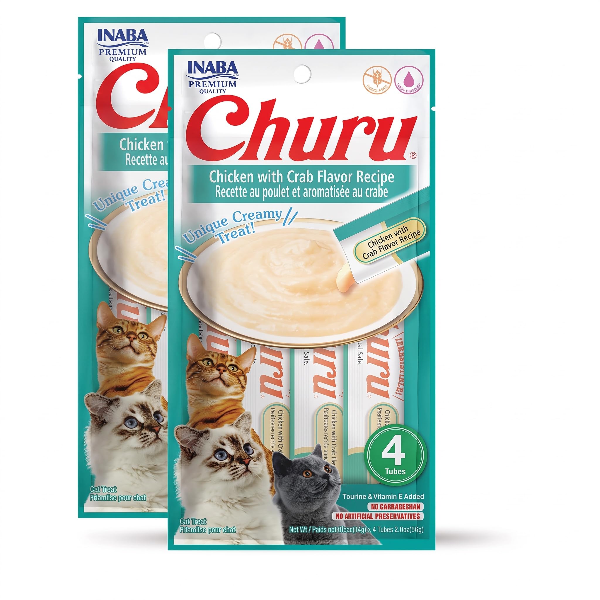 INABA Churu Cat Treats, Grain-Free, Lickable, Squeezable Creamy Purée Cat Treat/Topper with Vitamin E &amp; Taurine, 0.5 Ounces Each Tube, 4 Tubes, Chicken with Crab Recipe (Pack of 2)
