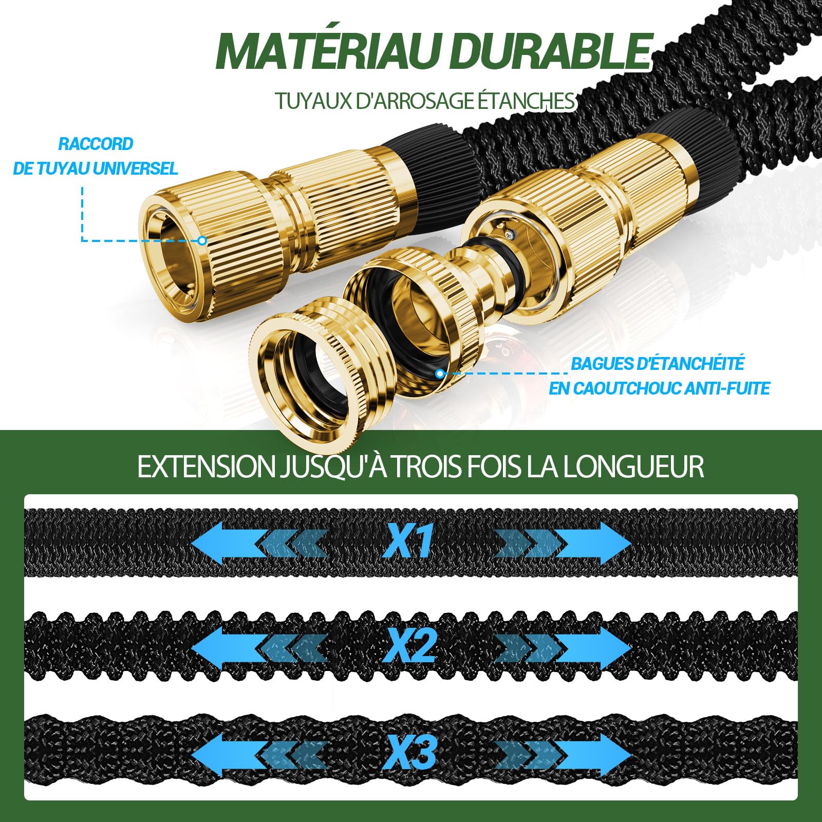 Tuyau Arrosage Extensible 30M - Tuyau D'Arrosage Flexible avec Pistolet à 10 Modes, Raccords Métalliques 1/2" et 3/4" pour Jardin, Lavage Voiture, Nettoyage