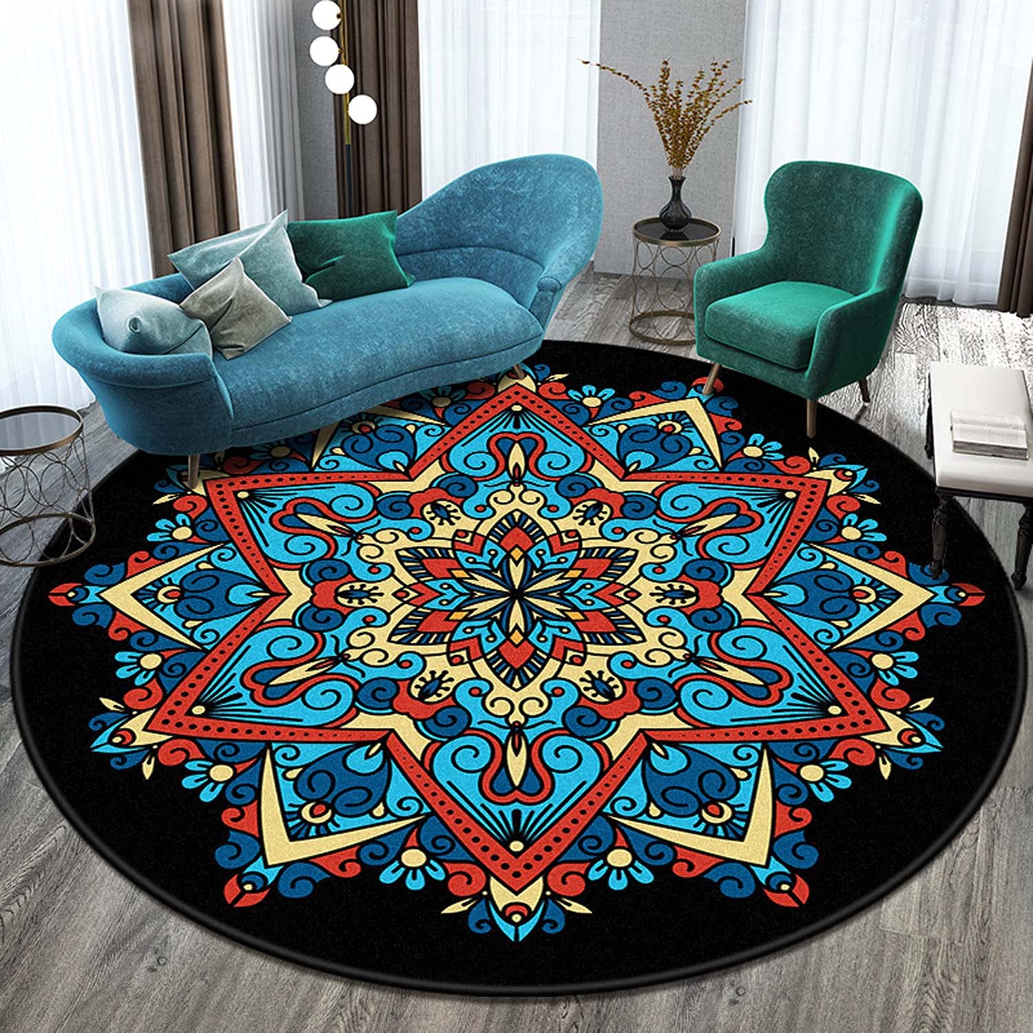 Dhao Tapis Rond Mandala Motif Bohême Moderne pour Salon Chambre à Coucher Cuisine Lavable Grands Antidérapant Tapis Diamètre: 160 cm