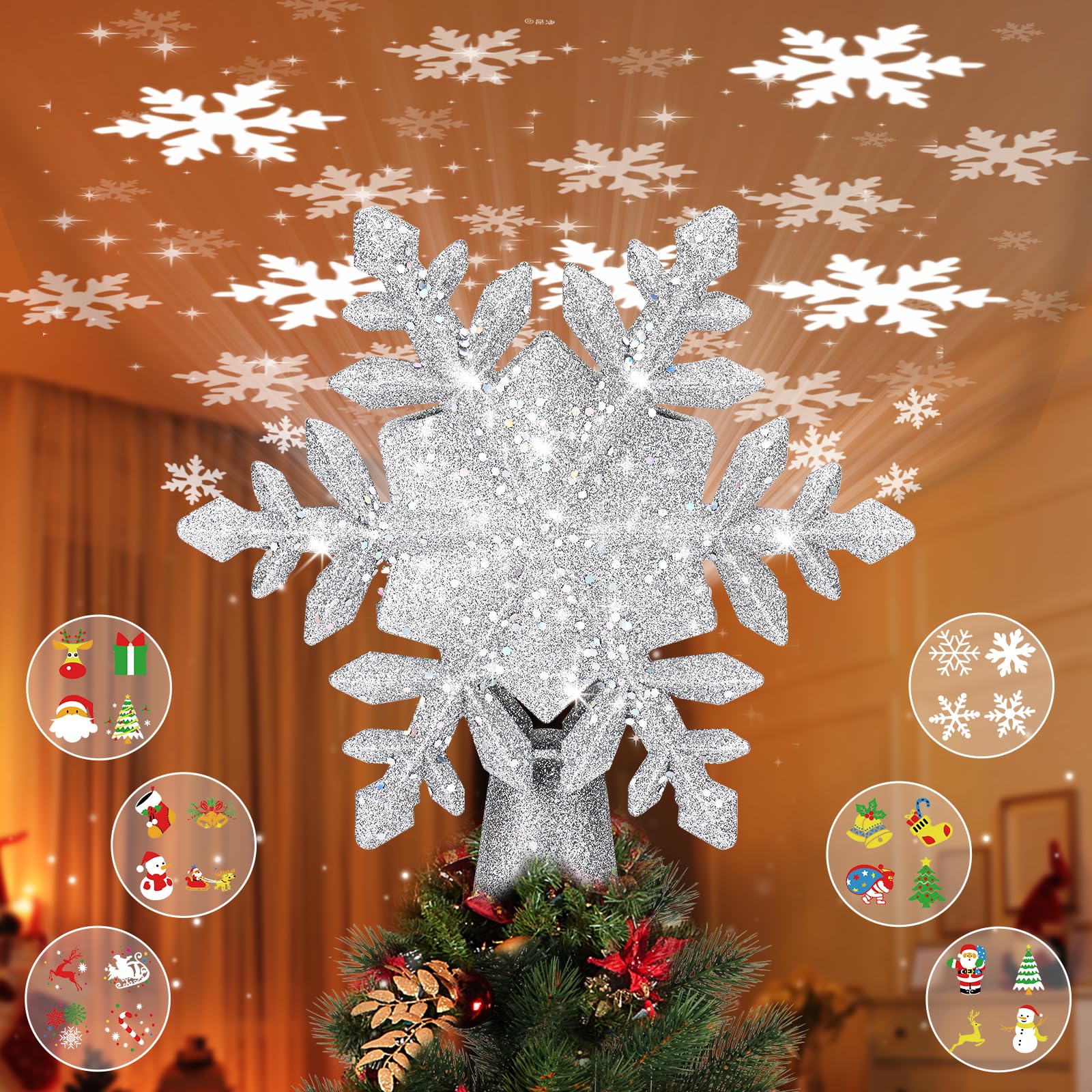 Christmas Tree Topper Lighted, 3D Glitter Snowflake Tree Topper Built-in LED Rotating Lights with 6 Projection Modes, Striking Christmas Tree Decoration (Silver)