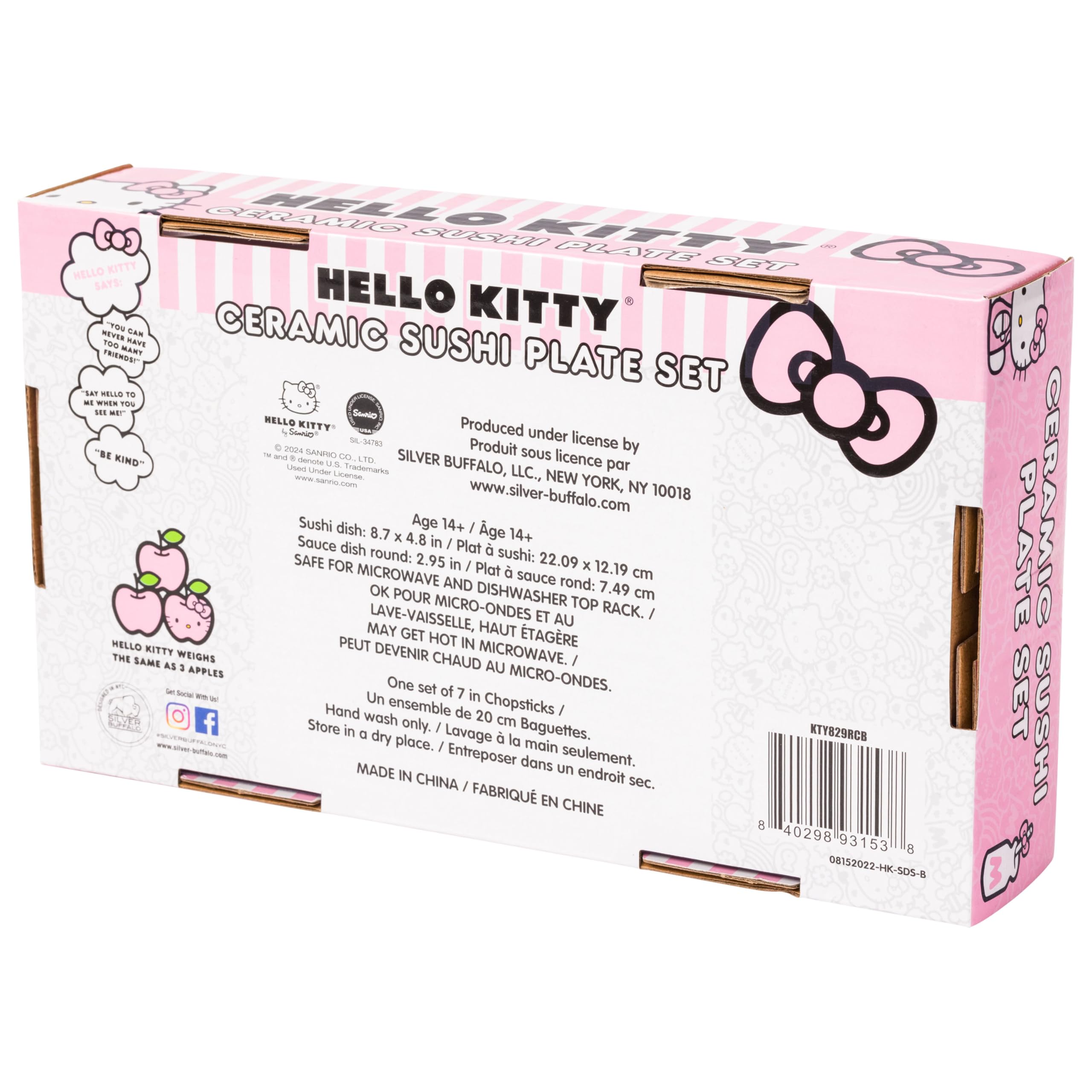 Silver Buffalo Sanrio Kawaii Ceramic Sushi Set with Dipping Sauce Dish and Matching Chopsticks: Mini Hello Kitty Pastel