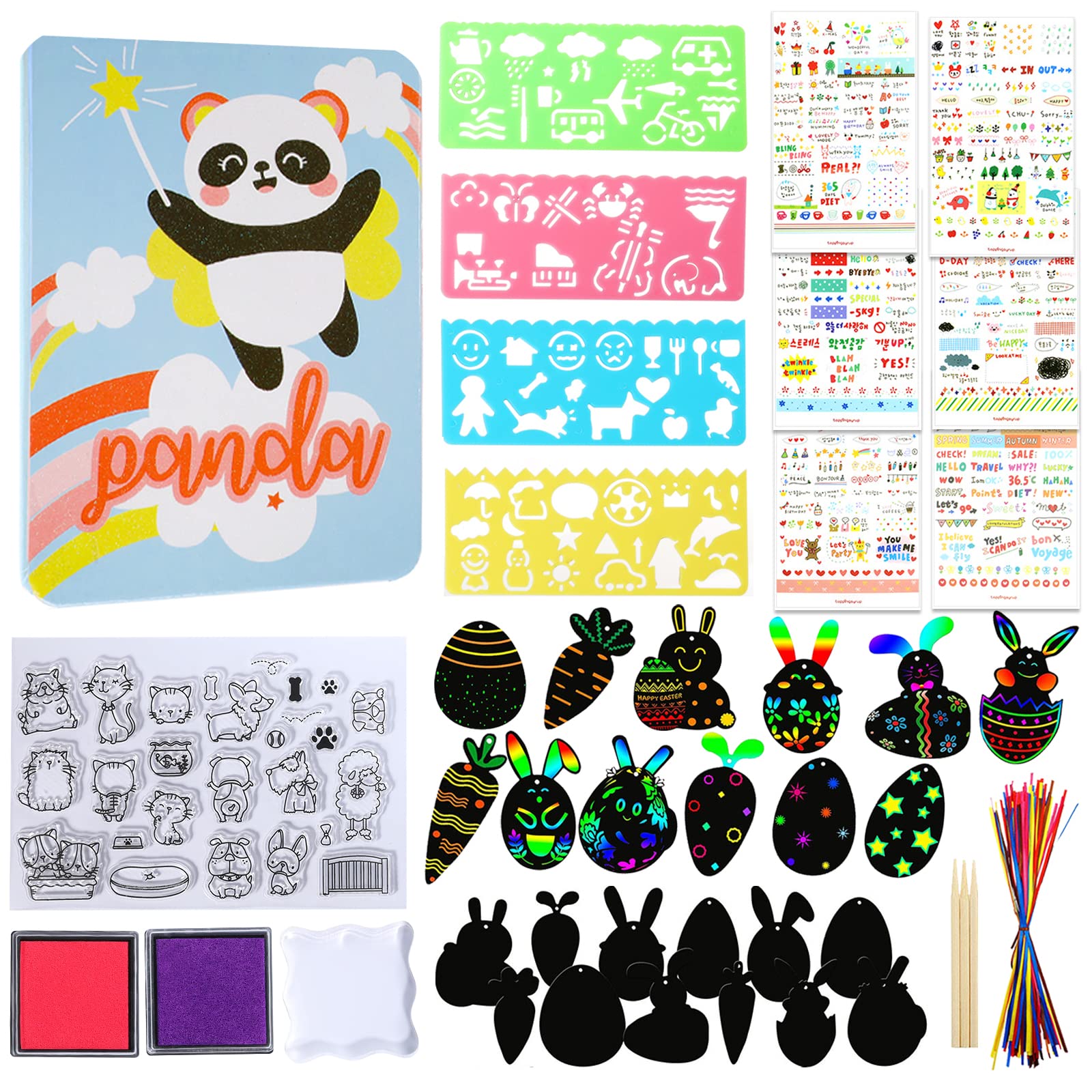 Pinkgarden Diario para niñas, juego de papelería de panda, cuaderno, bolígrafo, pegatinas, mini sellos, plantillas de dibujo, diario de unicornio regalo para dibujar y escribir para niñas y niños