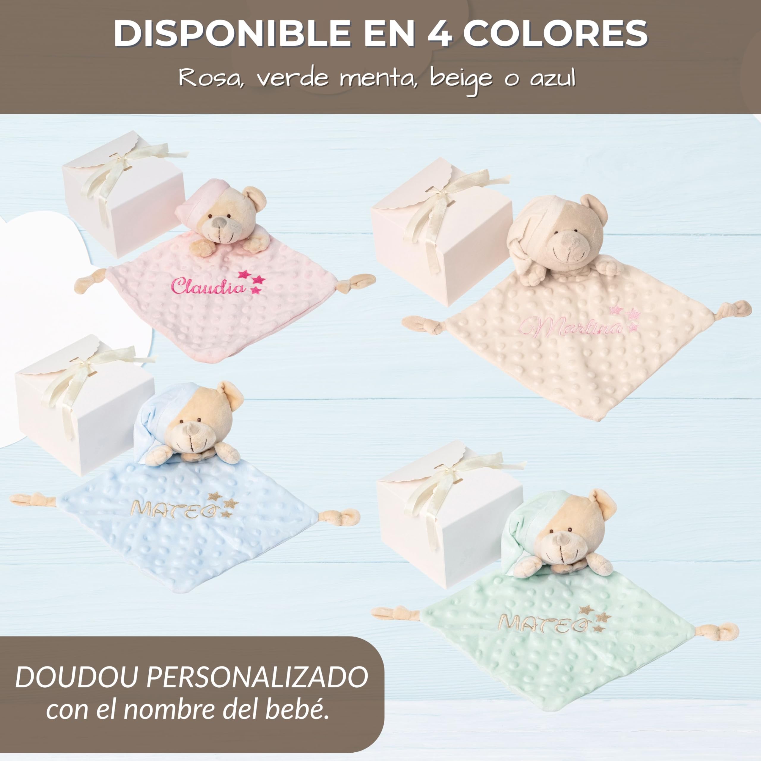 Balú Doudou Bebé Personalizado con Nombre Bordado | Oso Peluche Personalizado Bebe | Suave | Hipoalergénico | Dudu Recién Nacido Unisex | Regalo para Recién Nacido | 23cmx23cm | 4 Colores a Elegir