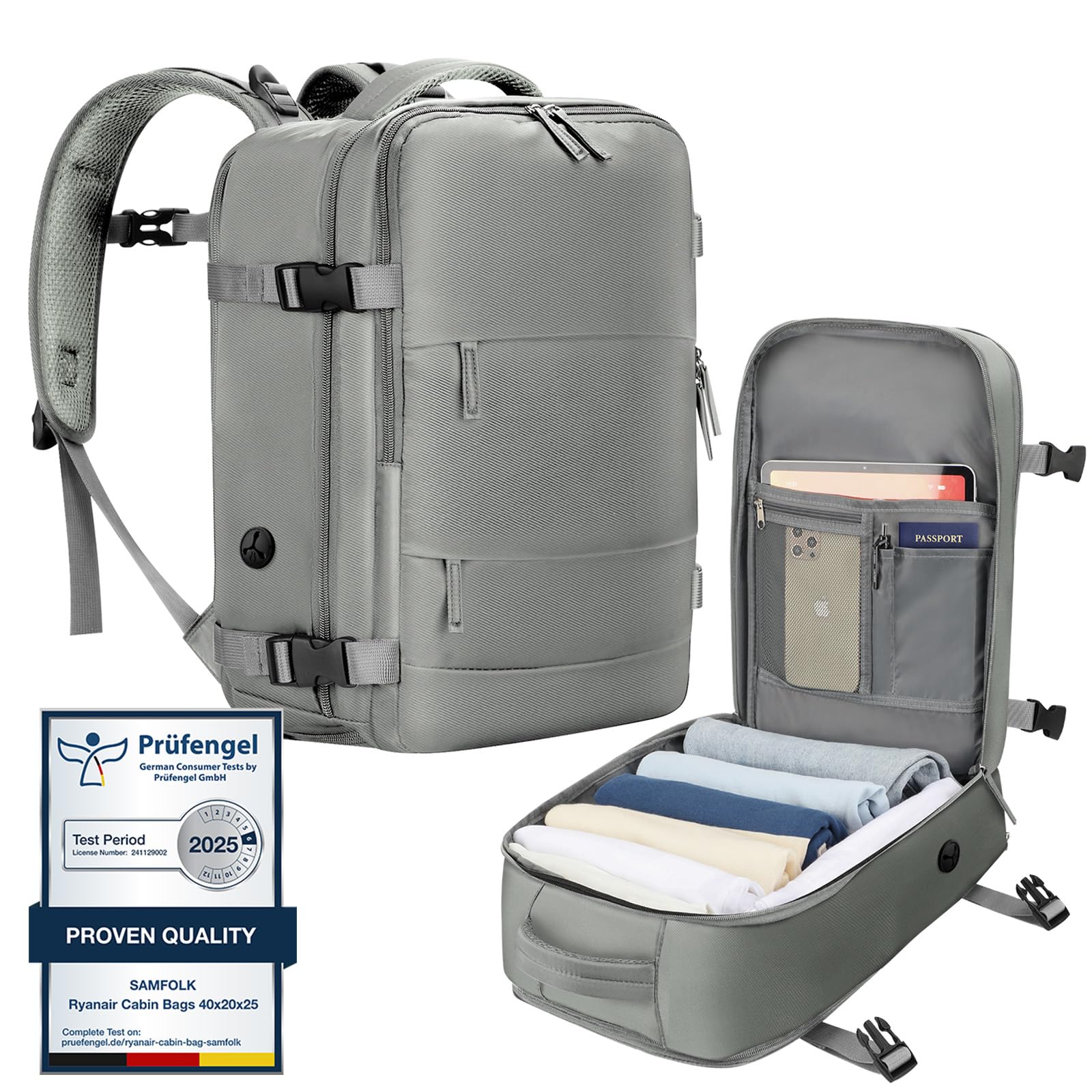 Cabin Bags for Ryanair 40x20x25 Underseat Travel Bag 12 Pockets Hand Luggage Bag Cabin Bag with Separate Shoe Pocket for Women & Men Carry on Bag, 20L (grey, 40x20x25)