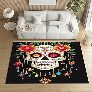Day of The Dead Rug for Living Room, Mexican Sugar Skull Carpet 7x8 Soft Non Slip, Exotic Floral Skeleton Area Rug, Decor Large Rug, Low Pile Machine Washable Rug for Bedroom, Playroom