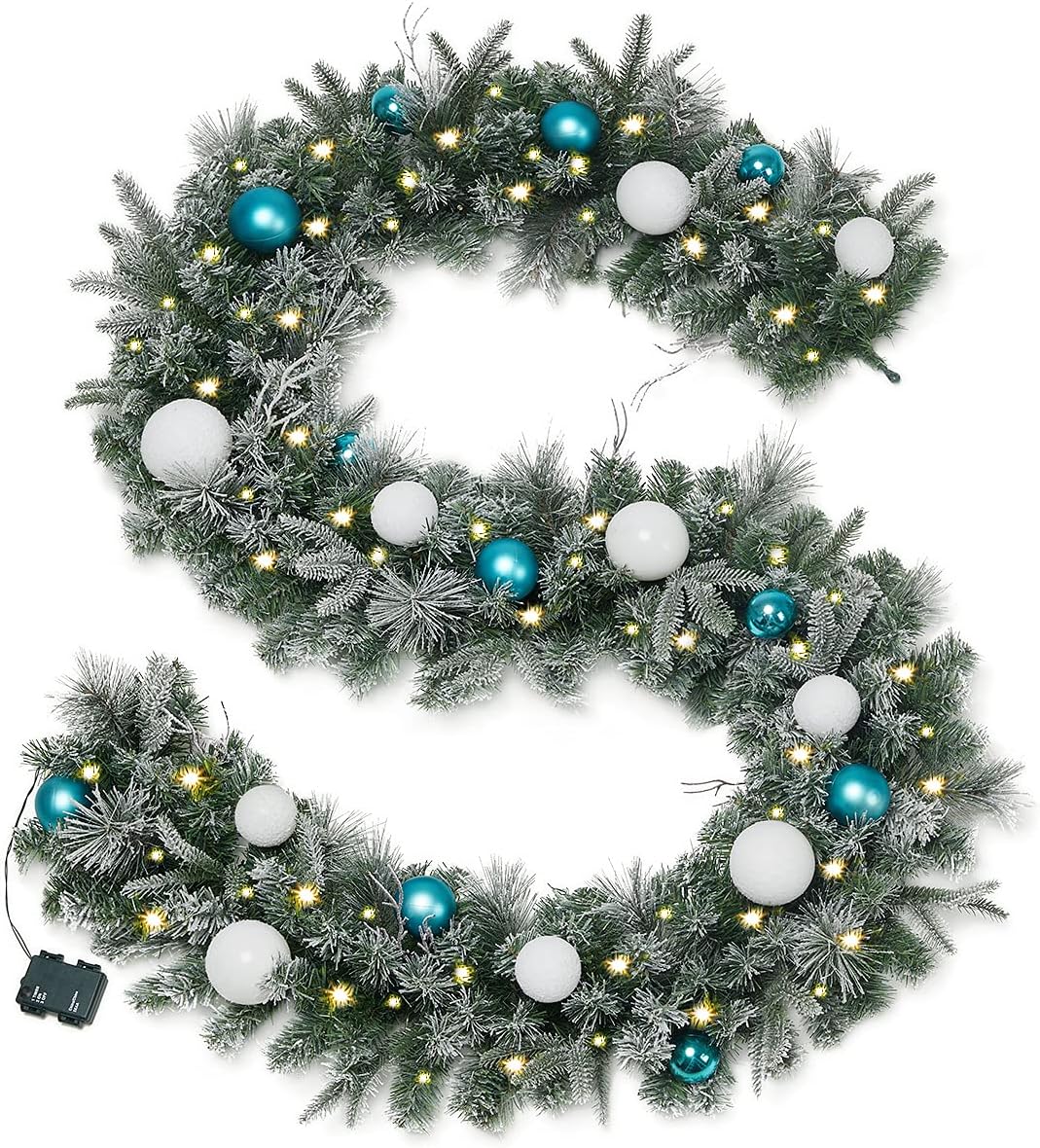 9 FT Prelit Christmas Garland with Pine Cones, Artificial Snowy Pine Garland for Christmas 50 LED Battery Operated Warm Lights and Timer Xmas Garlands Decor Indoor Outdoor